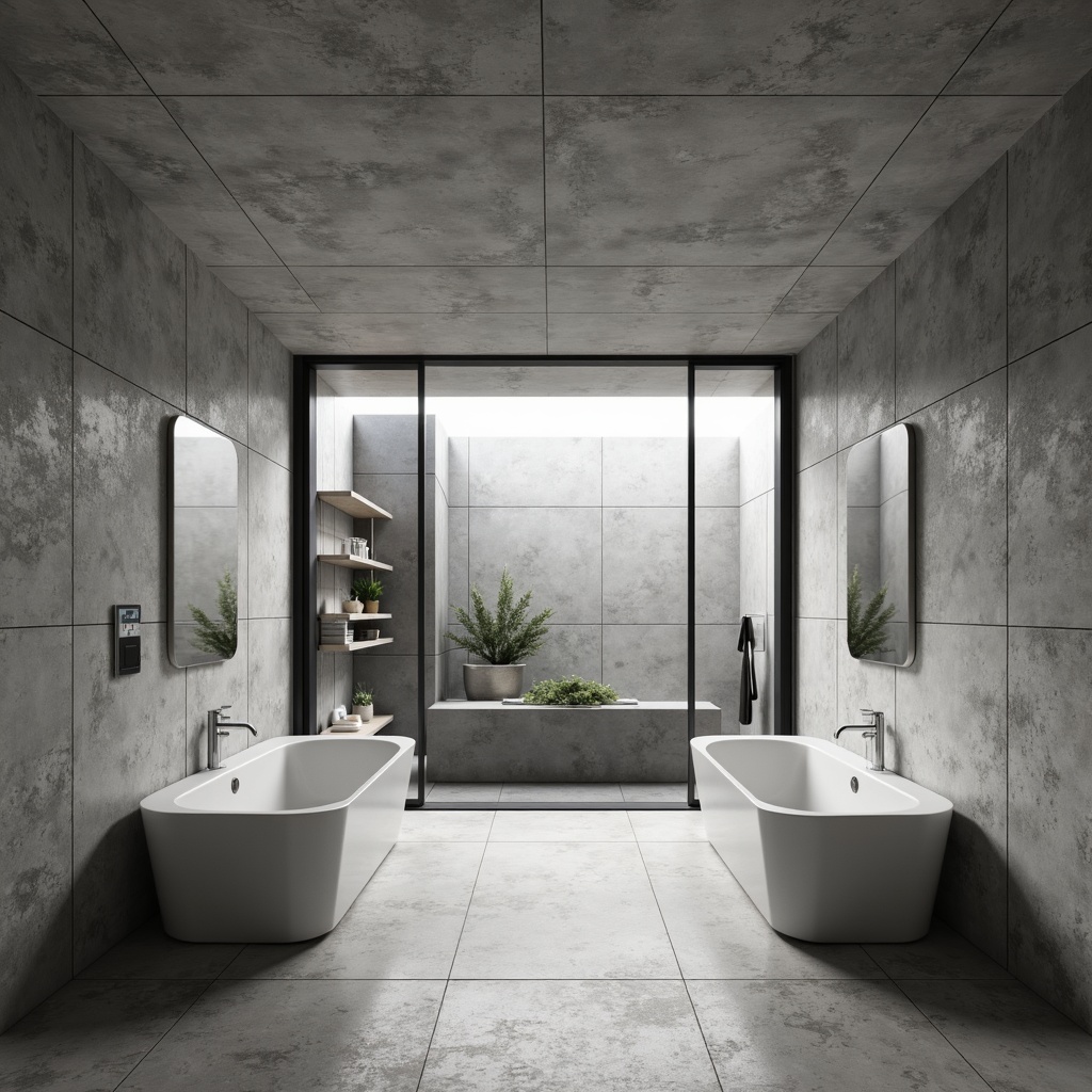 Prompt: Clean lines, monochromatic color scheme, industrial materials, rectangular bathtubs, wall-mounted faucets, minimal ornamentation, geometric tile patterns, polished concrete floors, chrome accents, functional shelving, recessed lighting, soft diffused glow, 1/1 composition, symmetrical framing, abstract textures, ambient shadows.