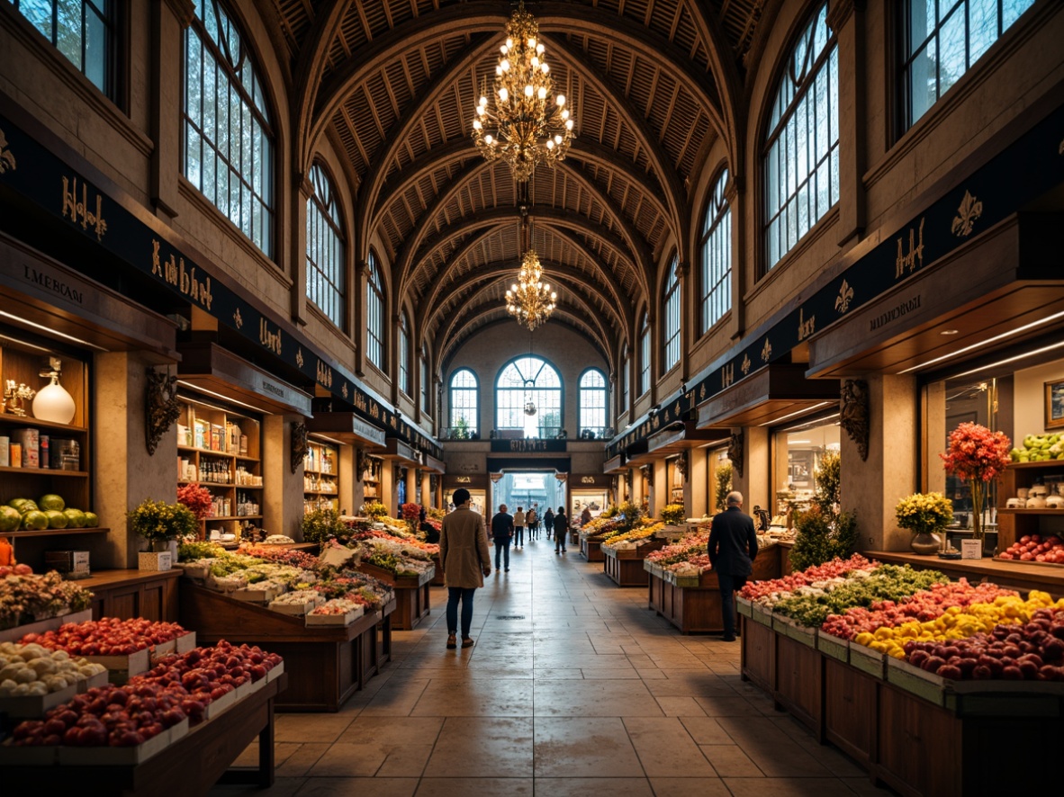 Prompt: Grand market hall, ornate Gothic arches, ribbed vaulted ceilings, stained glass windows, intricate stone carvings, fleur-de-lis patterns, grandiose chandeliers, lavish drapery, rich tapestries, wooden stalls, fresh produce displays, vibrant flower arrangements, warm candlelight, soft focus, atmospheric perspective, cinematic composition, highly detailed textures, dramatic lighting effects.