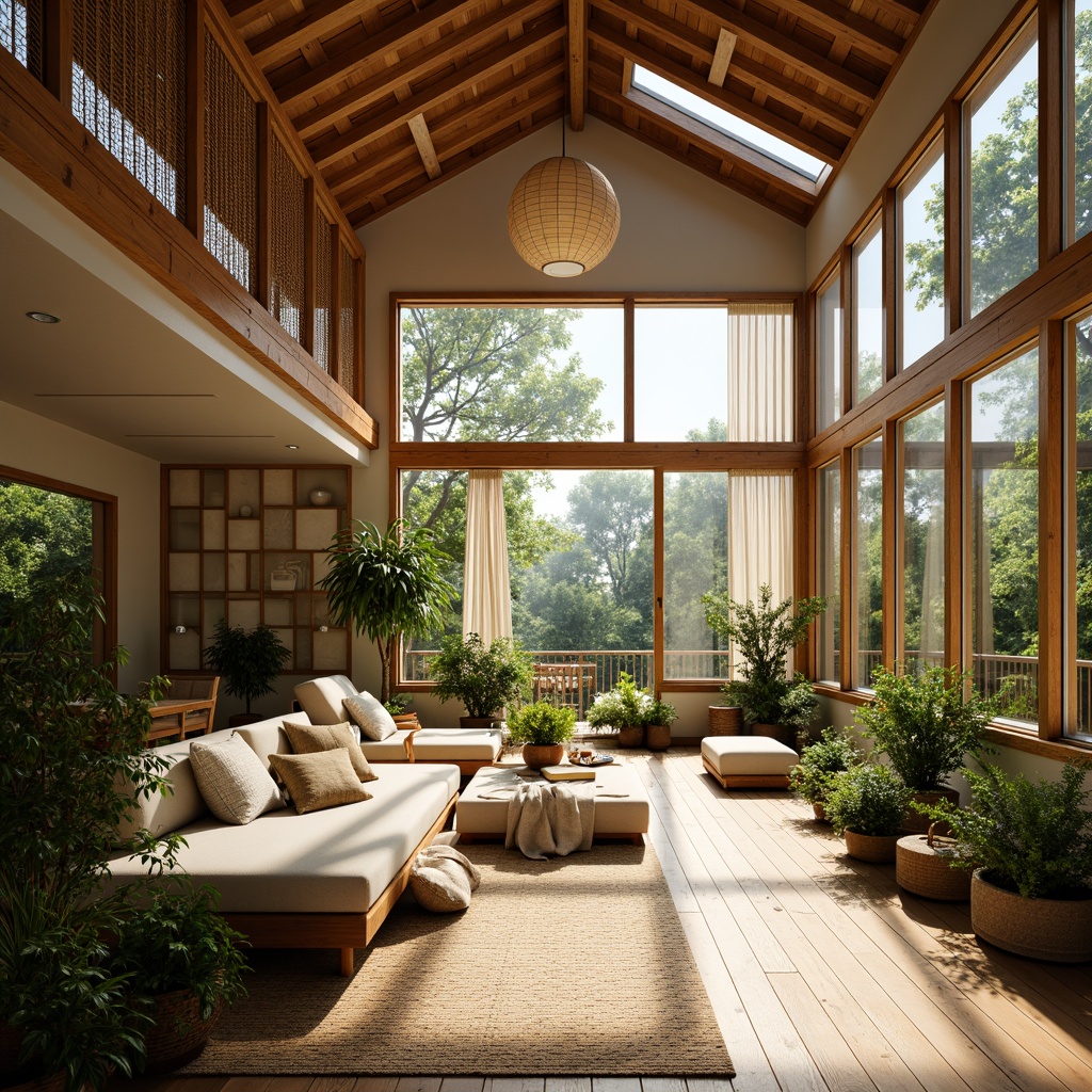 Prompt: Serene sunroom, Asian-inspired decor, natural materials, bamboo flooring, sliding shoji screens, paper lanterns, lush greenery, potted plants, warm wood tones, minimal ornamentation, large windows, clerestory windows, skylights, translucent glass doors, soft diffused lighting, morning sunlight, gentle warm glow, shallow depth of field, 1/1 composition, panoramic view, realistic textures, ambient occlusion.