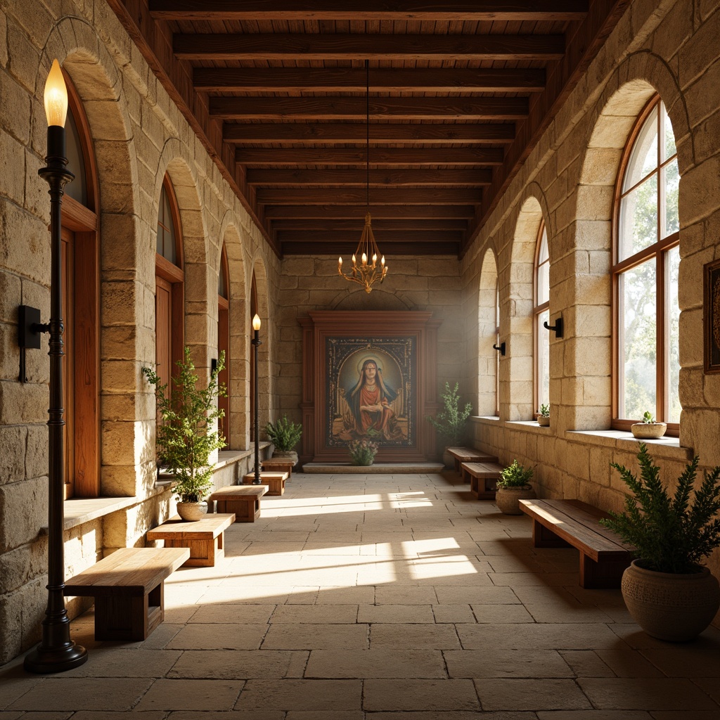 Prompt: Serene monastery interior, earthy stone walls, wooden accents, soft candlelight, warm beige tones, calming cream hues, rich wood grains, ornate tapestries, intricate carvings, mystical ambiance, vaulted ceilings, stained glass windows, rustic wooden benches, spiritual symbols, peaceful atmosphere, soft shadows, subtle color gradations, 1/1 composition, harmonious colors, realistic textures, ambient occlusion.