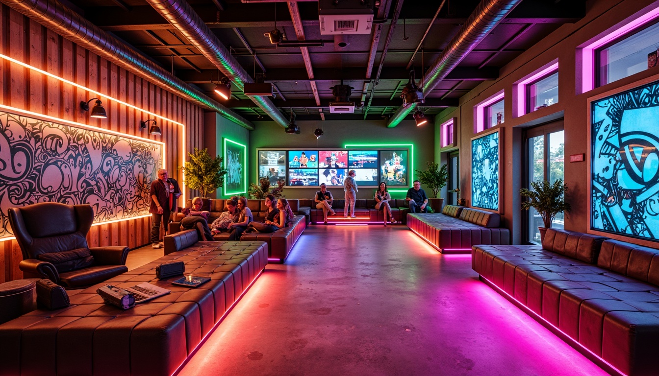 Prompt: Vibrant neon lights, bold color blocking, eclectic mix of patterns, retro-futuristic equipment, distressed wood accents, industrial metal beams, neon green walls, bright coral floors, abstract graffiti murals, futuristic digital displays, edgy geometric shapes, high-contrast lighting, dynamic camera angles, shallow depth of field, 2/3 composition, moody atmospheric rendering.