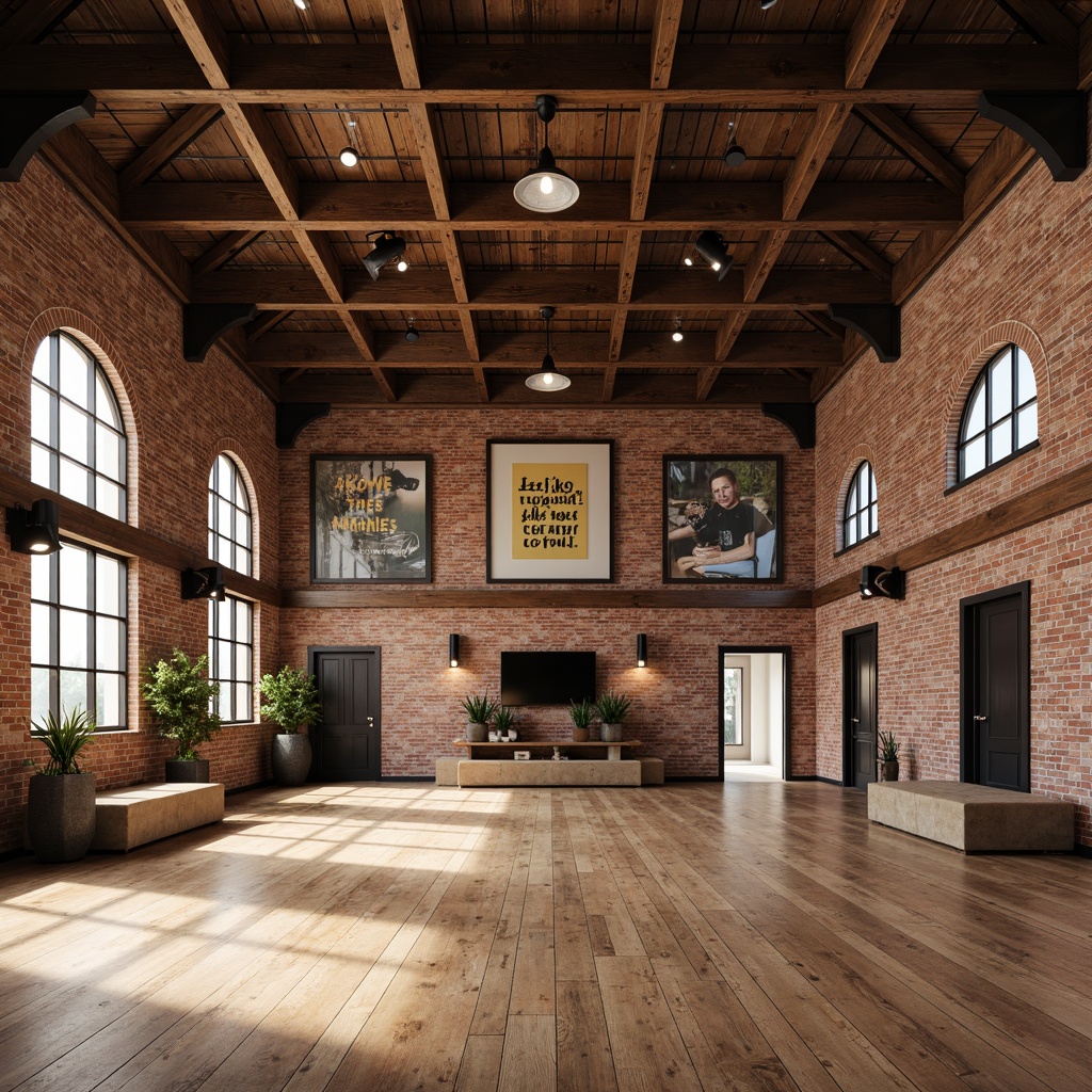 Prompt: Rustic gymnasium interior, wooden accents, distressed finishes, metal framework, vintage-inspired lighting fixtures, reclaimed wood flooring, exposed brick walls, athletic equipment, motivational quotes, natural stone benches, industrial-chic decor, functional storage units, aesthetic seating areas, minimal ornamentation, earthy color palette, warm atmospheric lighting, shallow depth of field, 1/1 composition, realistic textures, ambient occlusion.