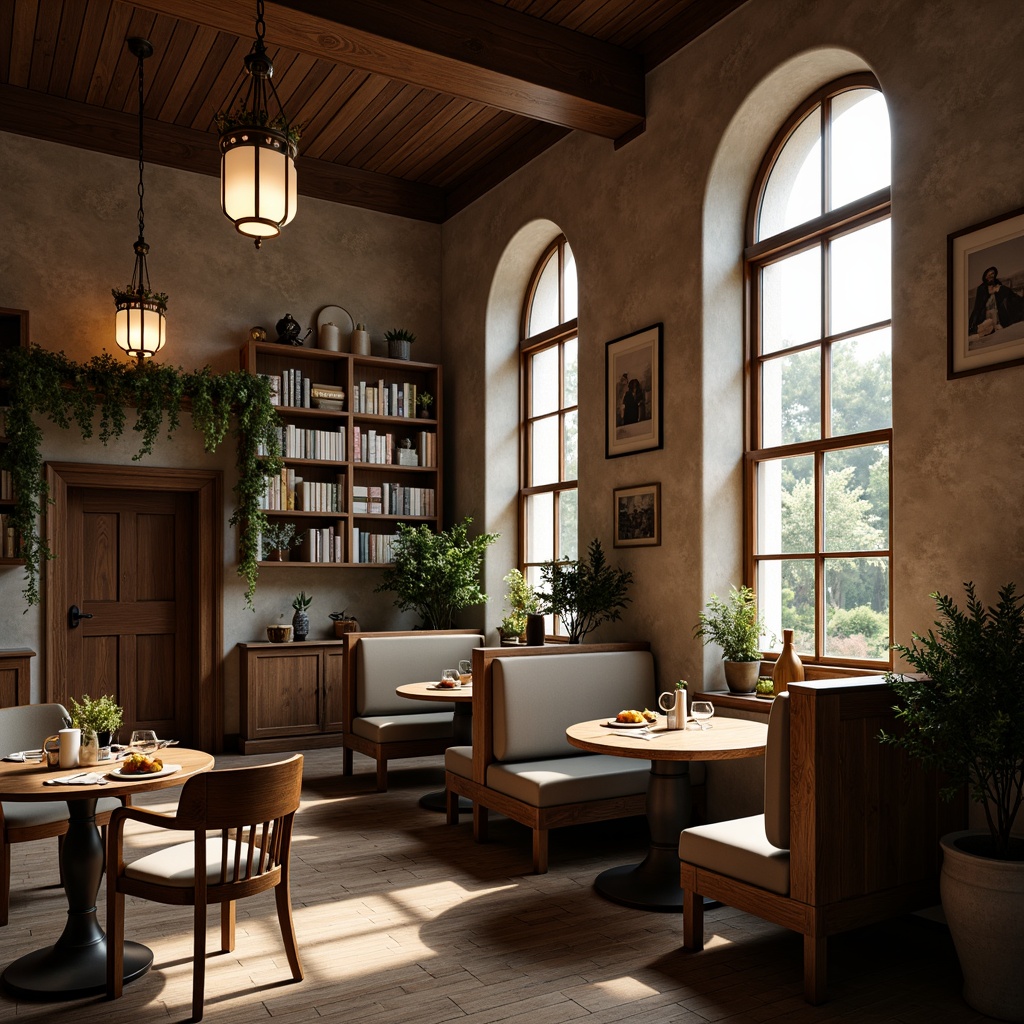 Prompt: Cozy breakfast nook, wooden tables, comfortable chairs, warm lighting, soft cushions, rustic decor, earthy tones, natural textures, academic atmosphere, classic architecture, high ceilings, large windows, elegant chandeliers, refined woodwork, ornate details, subtle color palette, morning sunlight, shallow depth of field, 1/1 composition, intimate setting, realistic rendering.