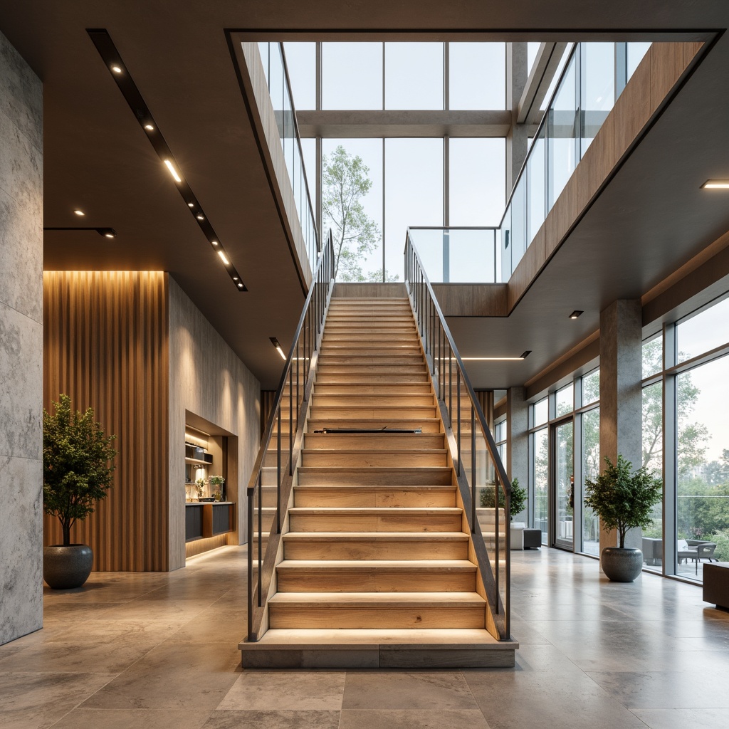 Prompt: Sleek modern staircase, minimalist balustrade design, stainless steel railings, glass or wooden handrails, geometric patterns, LED lighting accents, luxurious marble or granite flooring, spacious open-plan layout, high ceilings, dramatic vertical space, natural light pouring in, soft warm ambiance, 1/1 composition, shallow depth of field, subtle texture details.