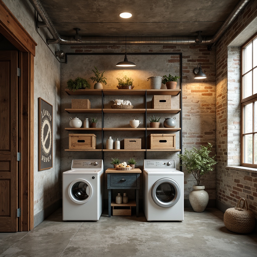 Prompt: Vintage laundry equipment, distressed wooden crates, rusty metal accents, worn brick walls, industrial-style lighting fixtures, concrete floors, soft warm glow, cozy atmosphere, natural textiles, woven baskets, ceramic vases, pastel color palette, soft focus, shallow depth of field, 1/2 composition, realistic textures, ambient occlusion.