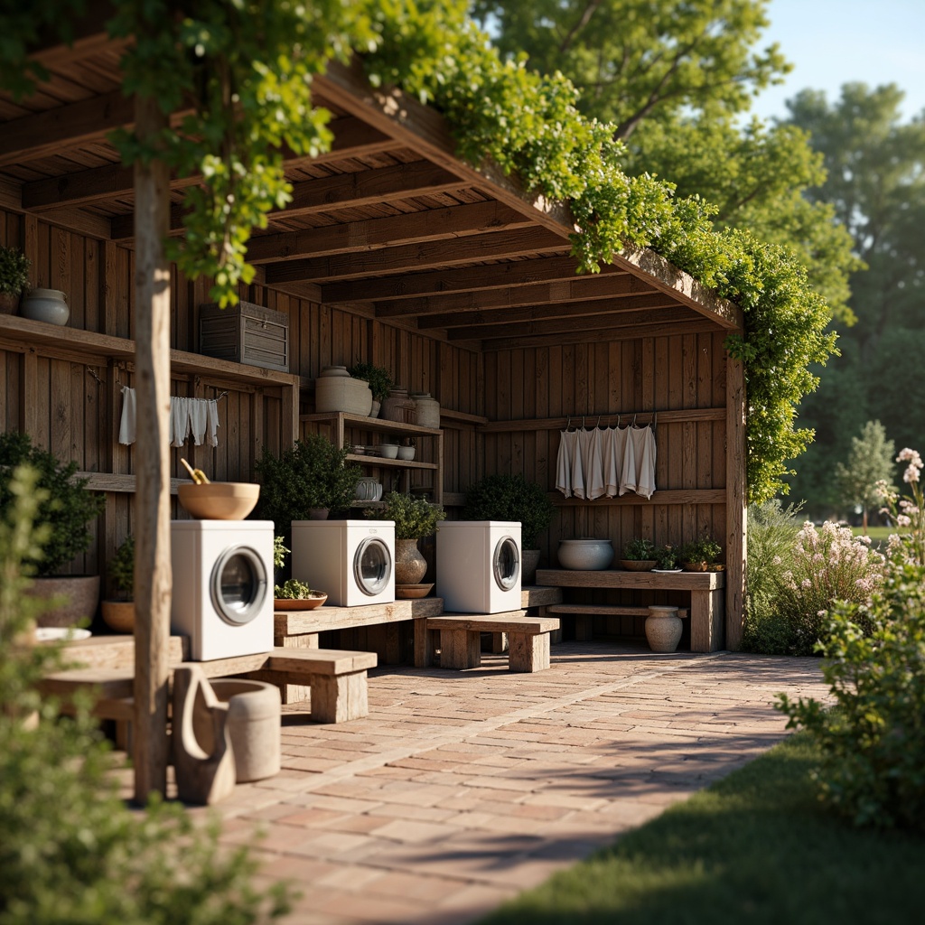 Prompt: Rustic laundry shed, wooden slat walls, corrugated metal roofs, vintage washing machines, distressed brick floors, worn wooden benches, natural fiber textiles, earthy color palette, soft warm lighting, shallow depth of field, 1/2 composition, cozy intimate atmosphere, realistic textures, ambient occlusion, lush greenery surroundings, blooming flowers, sunny day.