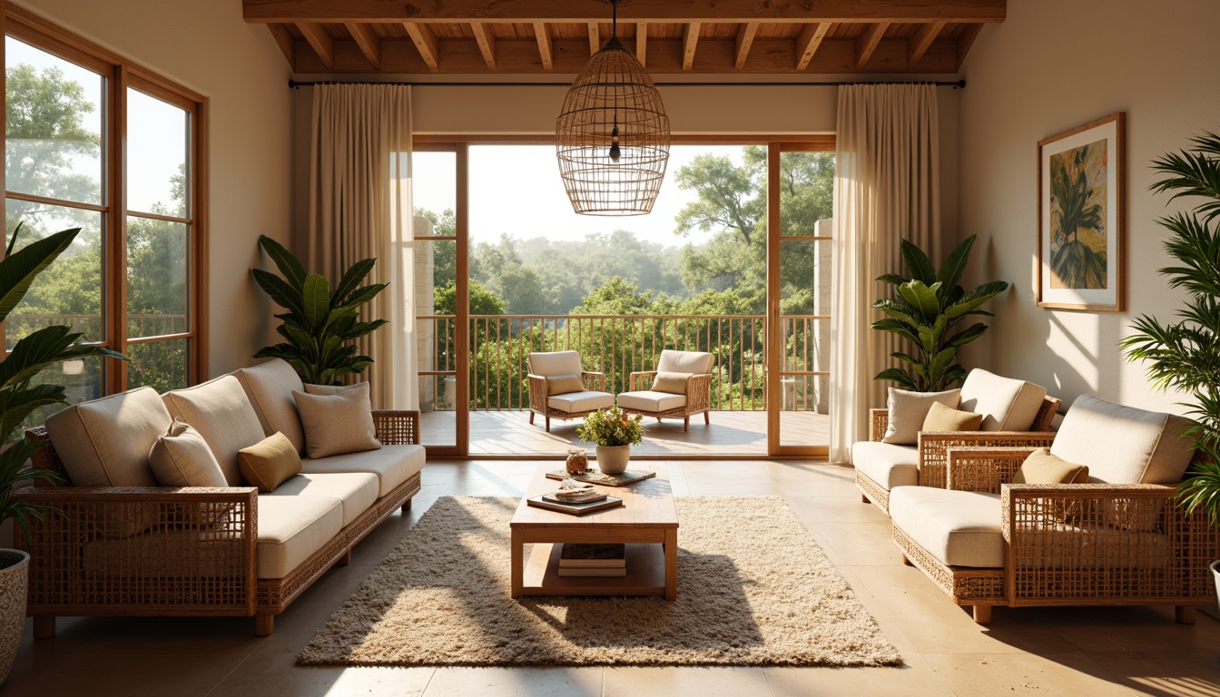 Prompt: Cozy sunroom, warm natural light, comfortable seating, plush cushions, wooden coffee table, wicker chairs, tropical plants, sliding glass doors, outdoor views, natural textiles, earthy tones, rattan furniture, minimalist decor, soft pastel colors, warm beige walls, ambient lighting, shallow depth of field, 1/1 composition, realistic rendering.