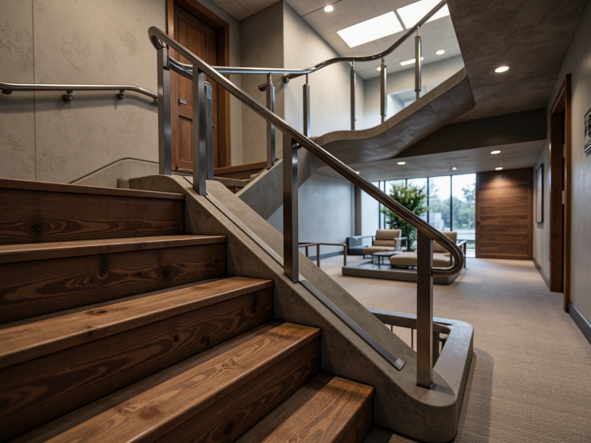 Prompt: Polished chrome handrail, sleek glass balustrade, minimalist wooden treads, industrial metal stringers, luxurious carpeted landings, rich walnut paneling, textured concrete walls, metallic silver accents, ambient soft lighting, modern geometric patterns, 1/1 composition, shallow depth of field, realistic reflections.