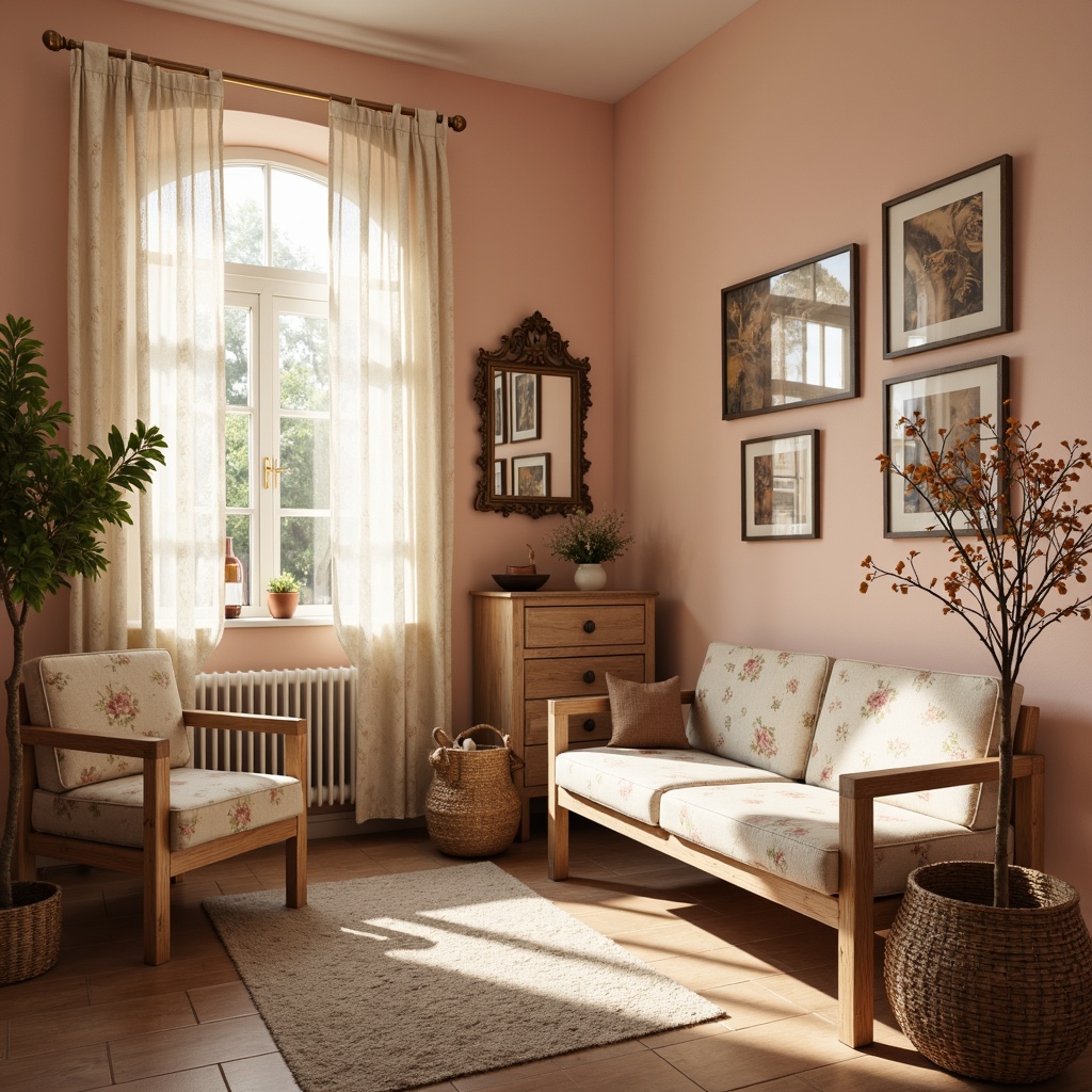 Prompt: Soft peach walls, distressed wooden furniture, vintage decor items, lace curtains, floral patterns, pastel hues, creamy whites, warm beige accents, rustic metal frames, antique hardware, ornate mirrors, natural fibers, woven baskets, soft candlelight, warm afternoon sunbeams, shallow depth of field, 1/1 composition, realistic textures, ambient occlusion.