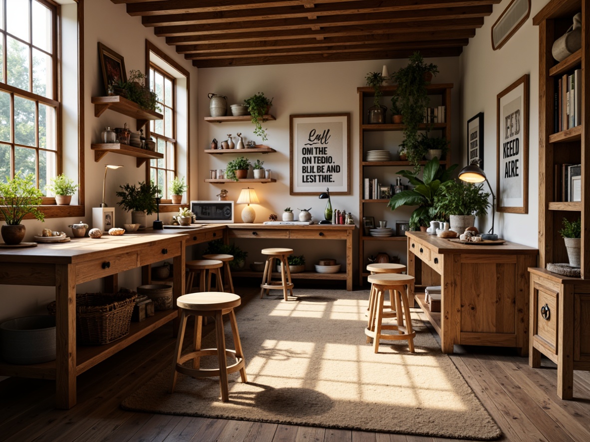 Prompt: Cozy craft room, warm wooden tables, comfortable stools, ample natural light, soft overhead lighting, task lamps, adjustable arm lamps, rustic wood accents, earthy color palette, woven baskets, vintage metal tools, organized storage shelves, inspirational quotes, motivational posters, plants on shelves, indirect warm lighting, 1/2 composition, shallow depth of field, realistic textures, ambient occlusion.