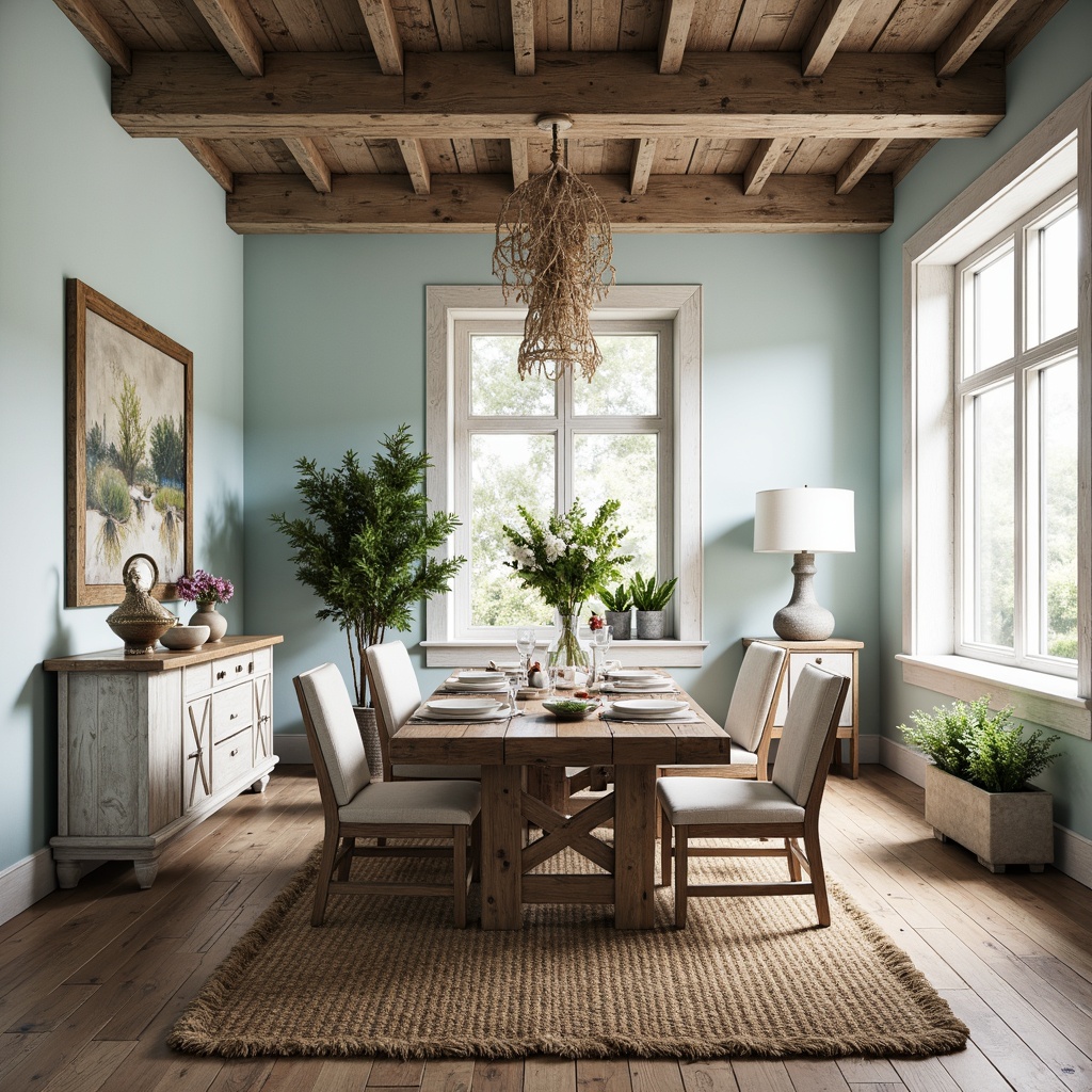 Prompt: Coastal style dining room, reclaimed wood furniture, driftwood accents, natural linen upholstery, woven jute rugs, distressed metal decor, sea-inspired glassware, nautical rope details, beachy color palette, calming blue hues, crisp white trim, weathered wooden beams, soft warm lighting, atmospheric misting effect, shallow depth of field, 1/2 composition, realistic textures, ambient occlusion.