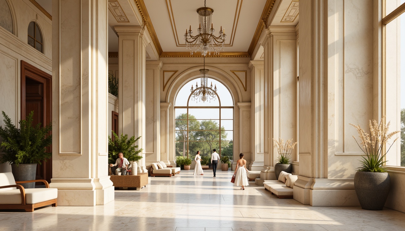 Prompt: Soft cream columns, ornate facades, warm beige tones, rich wood accents, subtle gold ornaments, elegant archways, symmetrical compositions, grand entrance halls, sweeping staircases, lavish chandeliers, vintage bronze fixtures, classic marble floors, neutral background walls, warm soft lighting, shallow depth of field, 1/2 composition, realistic textures, ambient occlusion.