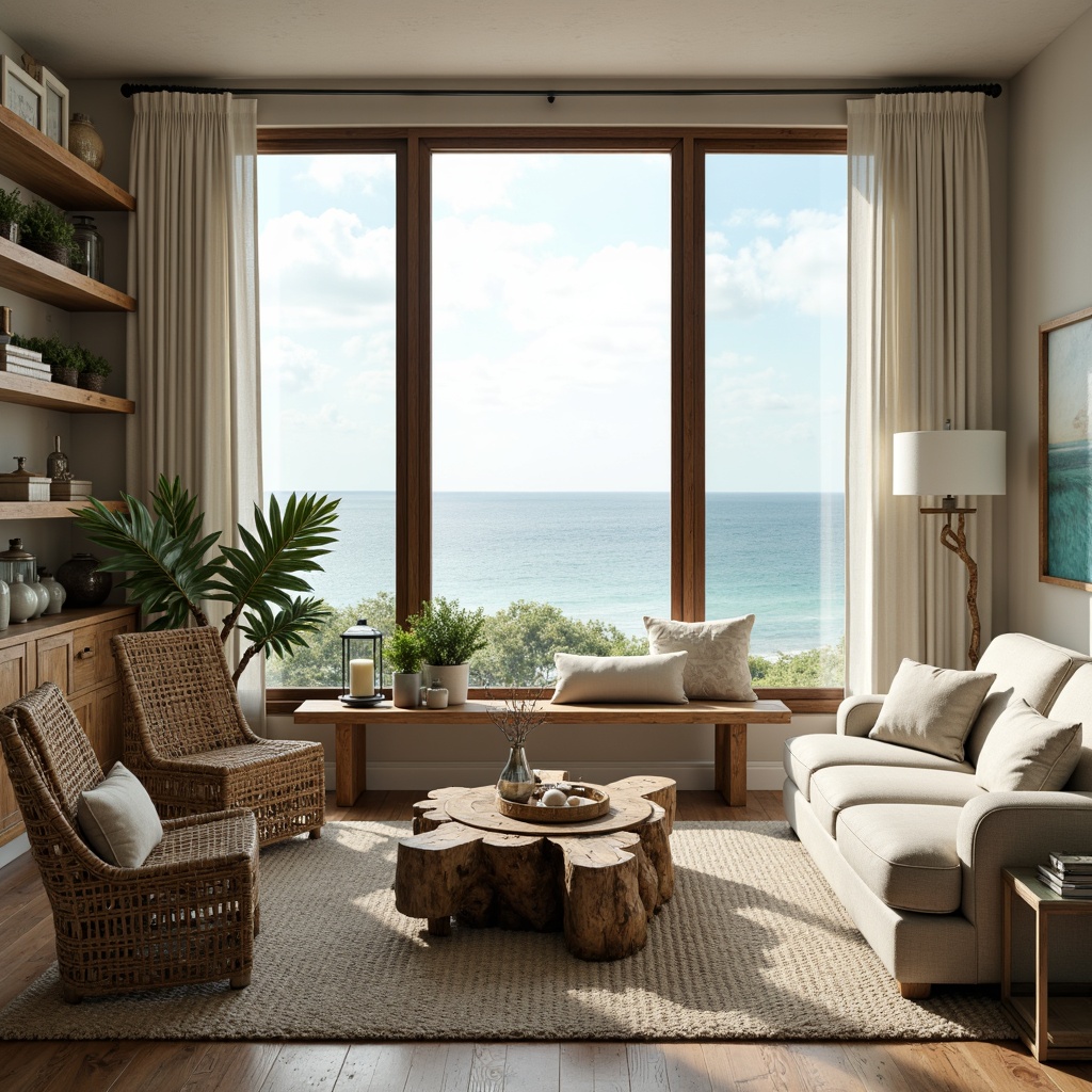 Prompt: Driftwood coffee table, plush sectional sofa, natural fiber rug, reclaimed wood shelves, nautical-themed decor, calming ocean views, soft blue-green color palette, beachy texture, woven wicker armchair, glass-top side tables, weathered wooden bench, potted succulents, sea salt scented candles, warm beige walls, rustic metal lanterns, distressed finishes, laid-back atmosphere, natural light pouring in, 1/1 composition, soft focus, ambient shadows, realistic reflections.