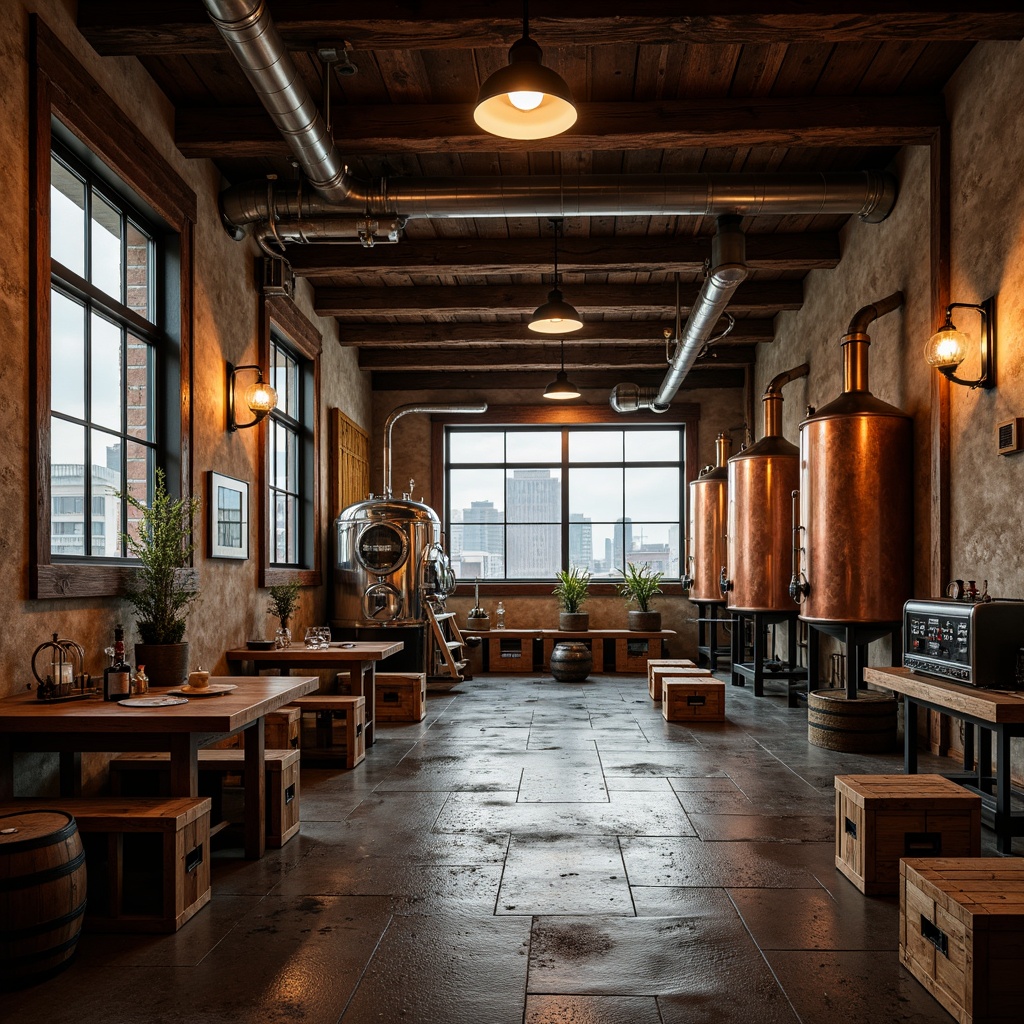 Prompt: Rustic winery interior, exposed wooden beams, industrial metal pipes, reclaimed wood accents, vintage wine barrels, dim warm lighting, earthy color palette, natural stone flooring, wooden crates, old-fashioned machinery, copper brewing equipment, modern fermentation tanks, sleek stainless steel surfaces, urban loft-style windows, cityscape views, soft focused background, shallow depth of field, 2/3 composition, atmospheric misting effect.