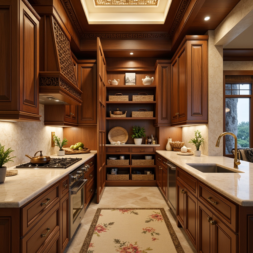 Prompt: Asian-inspired pantry cabinetry, ornate carvings, rich wood tones, elegant hardware, subtle gold accents, soft warm lighting, Shaker-style cabinets, minimalist design, natural stone countertops, woven bamboo backsplashes, hand-painted ceramic tiles, Asian-patterned rugs, ambient occlusion, 1/1 composition, realistic textures, warm beige colors, soft focus, shallow depth of field.