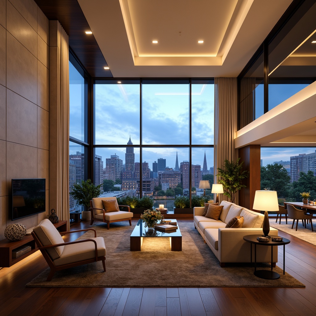 Prompt: Modern luxury living room, floor-to-ceiling windows, lavish furnishings, ambient warm lighting, recessed LED lights, crystal chandeliers, table lamps, floor lamps, metallic finishes, sleek lines, minimal ornamentation, cream-colored walls, dark wood accents, plush area rugs, comfortable seating areas, panoramic city views, soft evening glow, 1/2 composition, realistic reflections.