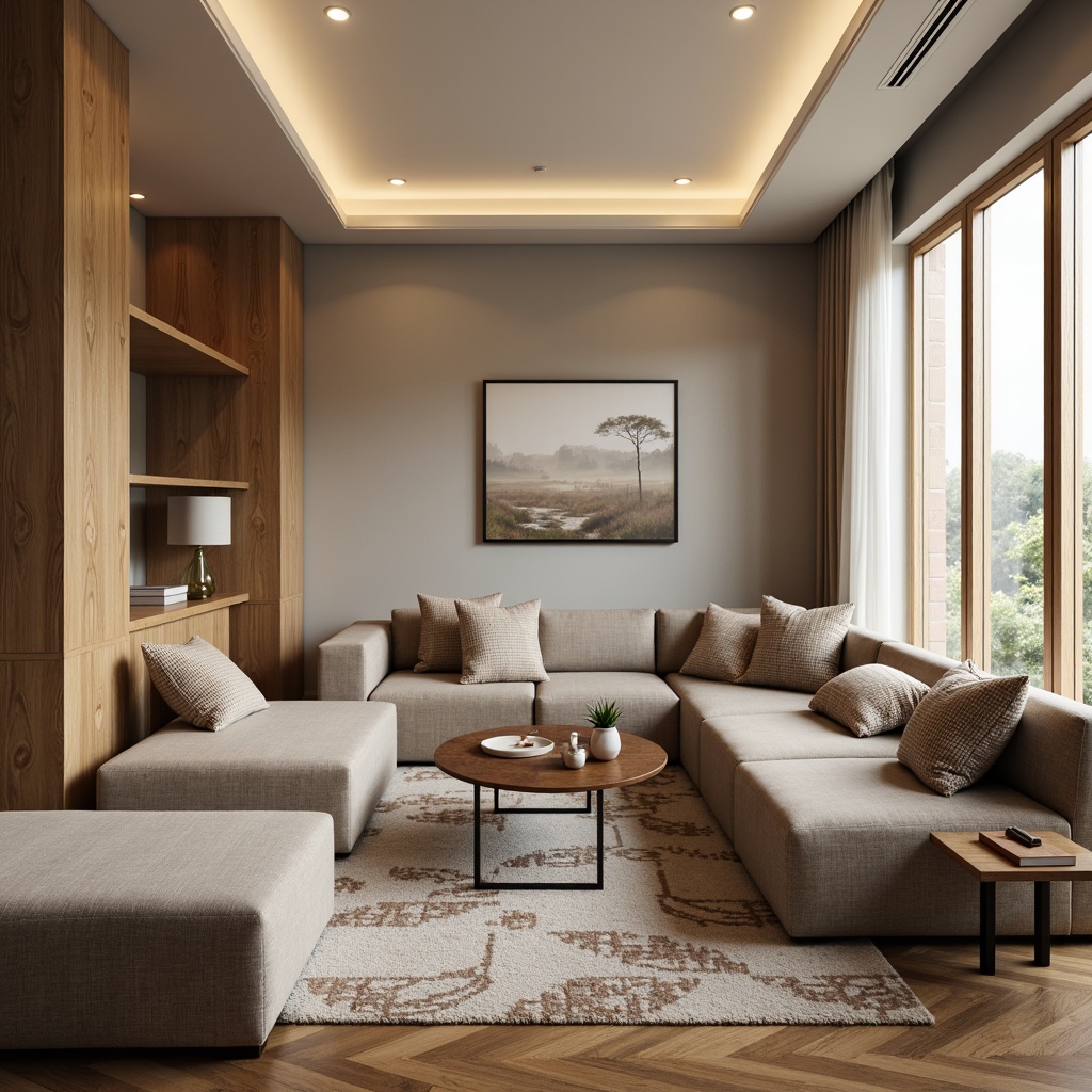 Prompt: Cozy living room, plush throw pillows, velvety soft couches, warm beige tones, natural wood accents, floor-to-ceiling windows, sheer white curtains, subtle patterned rugs, modern minimalist coffee tables, elegant metal legs, ambient dim lighting, 1/1 composition, shallow depth of field, realistic fabric textures, warm inviting atmosphere.