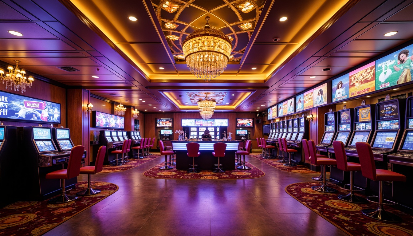 Prompt: Vibrant casino interior, neon-lit signage, bold geometric patterns, metallic accents, rich velvet fabrics, ornate chandeliers, polished marble floors, lavish decorations, extravagant furnishings, bright pop art colors, warm golden lighting, high-contrast shadows, 1/1 composition, symmetrical framing, dramatic spotlights, realistic reflections, ambient occlusion.