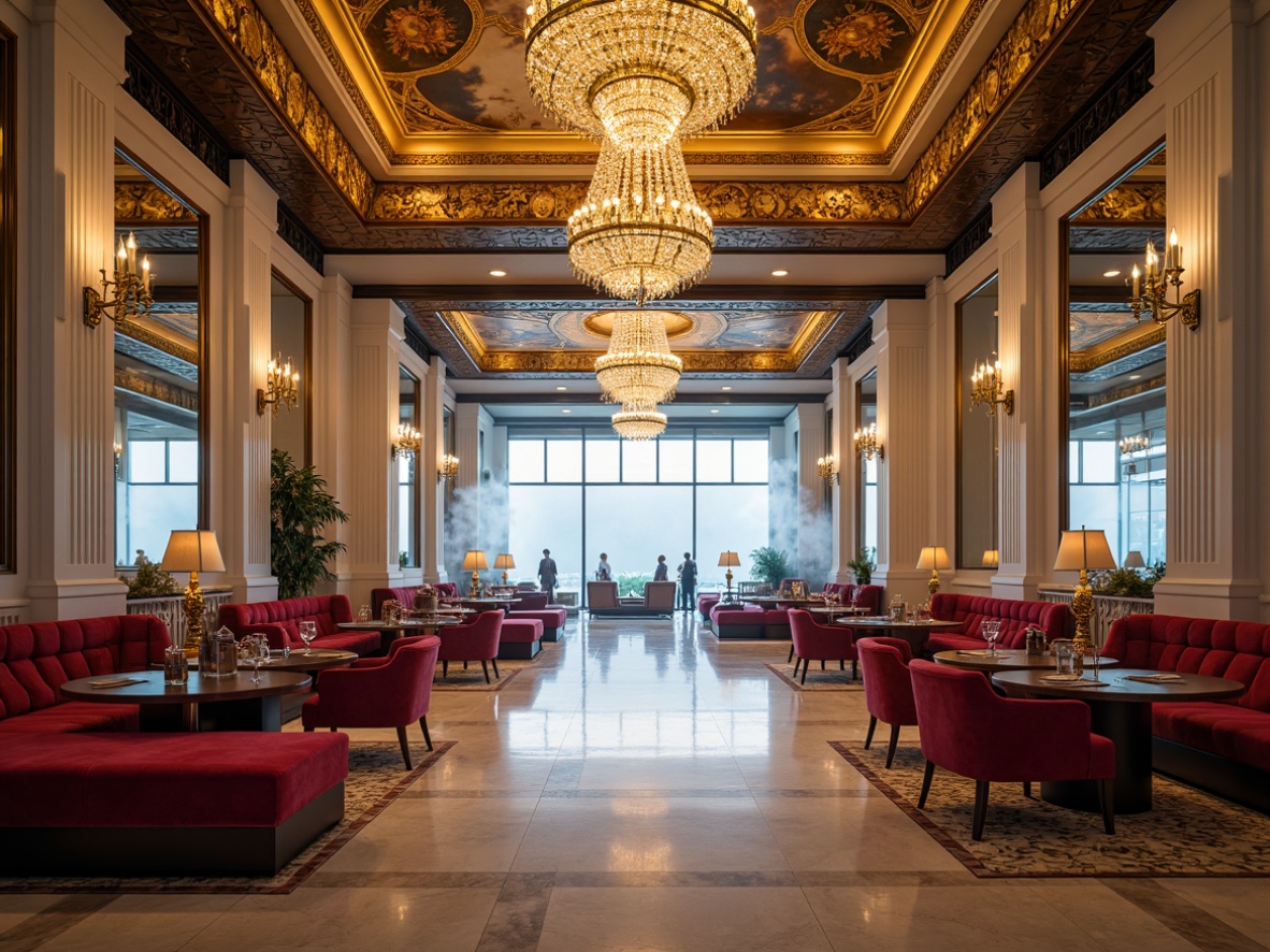 Prompt: Luxurious airport lounge, rich velvet upholstery, ornate gold accents, lavish crystal chandeliers, marble floors, intricate fresco ceilings, grandiose columns, opulent jewel-toned color scheme, deep berry reds, regal blues, golden yellows, creamy whites, warm beige tones, soft ambient lighting, dramatic spotlights, 3/4 composition, symmetrical framing, high-contrast textures, atmospheric misting effects.