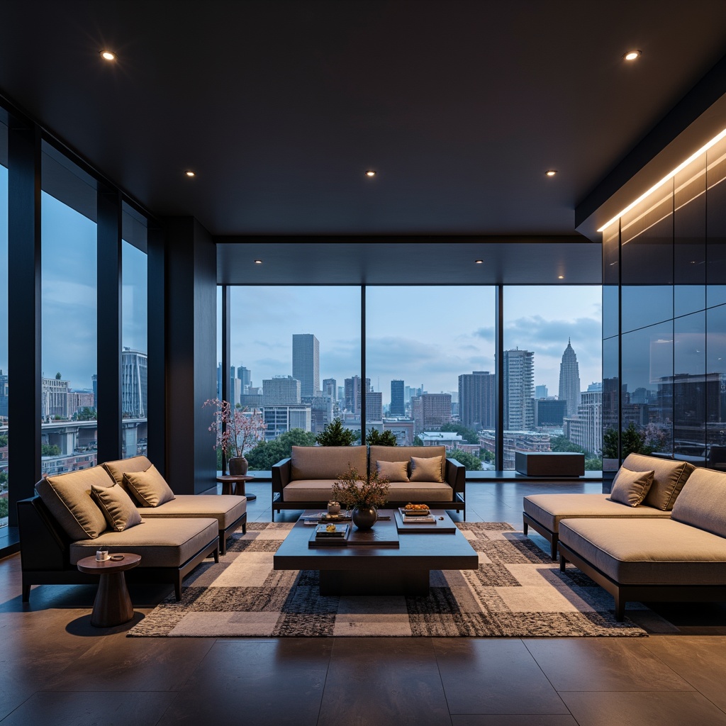 Prompt: Streamlined game room, modern minimalist decor, sleek low-profile furniture, plush grey sofas, metallic coffee tables, geometric-patterned area rugs, floor-to-ceiling windows, cityscape views, ambient LED lighting, 3/4 composition, shallow depth of field, cinematic camera angles, realistic textures, soft focus blur.