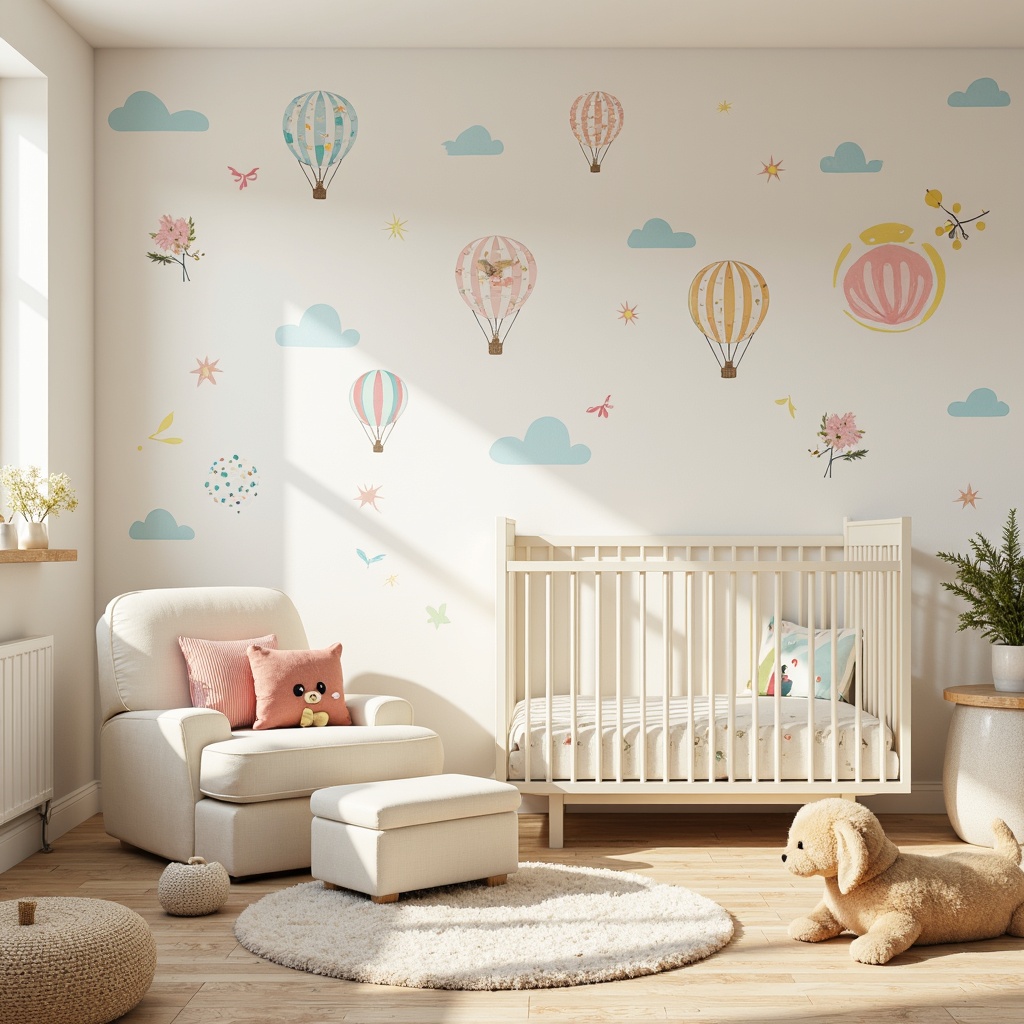 Prompt: Whimsical nursery, soft pastel colors, gentle cloud motifs, adorable baby animal illustrations, playful hot air balloon designs, colorful polka dots, sweet alphabet letters, tender floral patterns, creamy white furniture, plush area rugs, warm golden lighting, shallow depth of field, 1/2 composition, realistic textures, ambient occlusion.