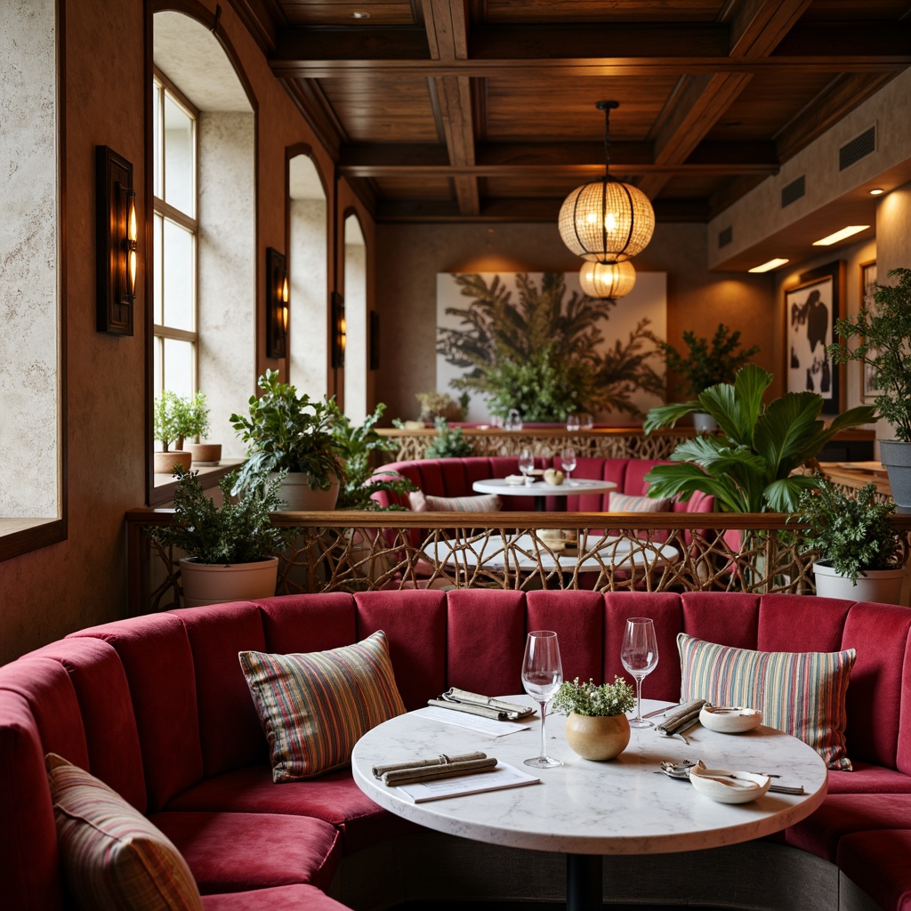 Prompt: Cozy restaurant interior, plush velvet upholstery, soft linen tablecloths, warm wood accents, natural fiber rugs, comfortable cushioned seating, vibrant colorful throw pillows, rich leather banquettes, elegant marble tables, subtle patterned wallpapers, warm ambient lighting, inviting atmosphere, relaxed dining experience, rustic wooden decorations, earthy tone color scheme, organic textures, 1/1 composition, softbox lighting, intimate setting.