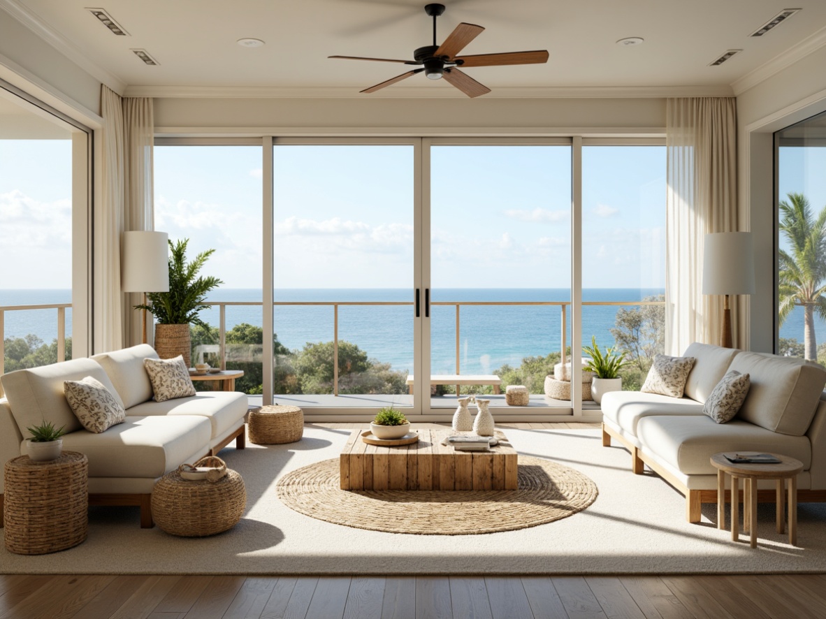 Prompt: Coastal living room, large windows, ocean views, natural light pouring in, soft creamy whites, calming blues, sandy neutrals, driftwood accents, woven sea grass textiles, coral-inspired patterns, shells and pebbles decorative elements, beachy minimalism, airy openness, floor-to-ceiling glass doors, sliding panels, unobstructed sightlines, warm sunny day, gentle sea breeze, shallow depth of field, 1/1 composition, realistic textures, ambient occlusion.