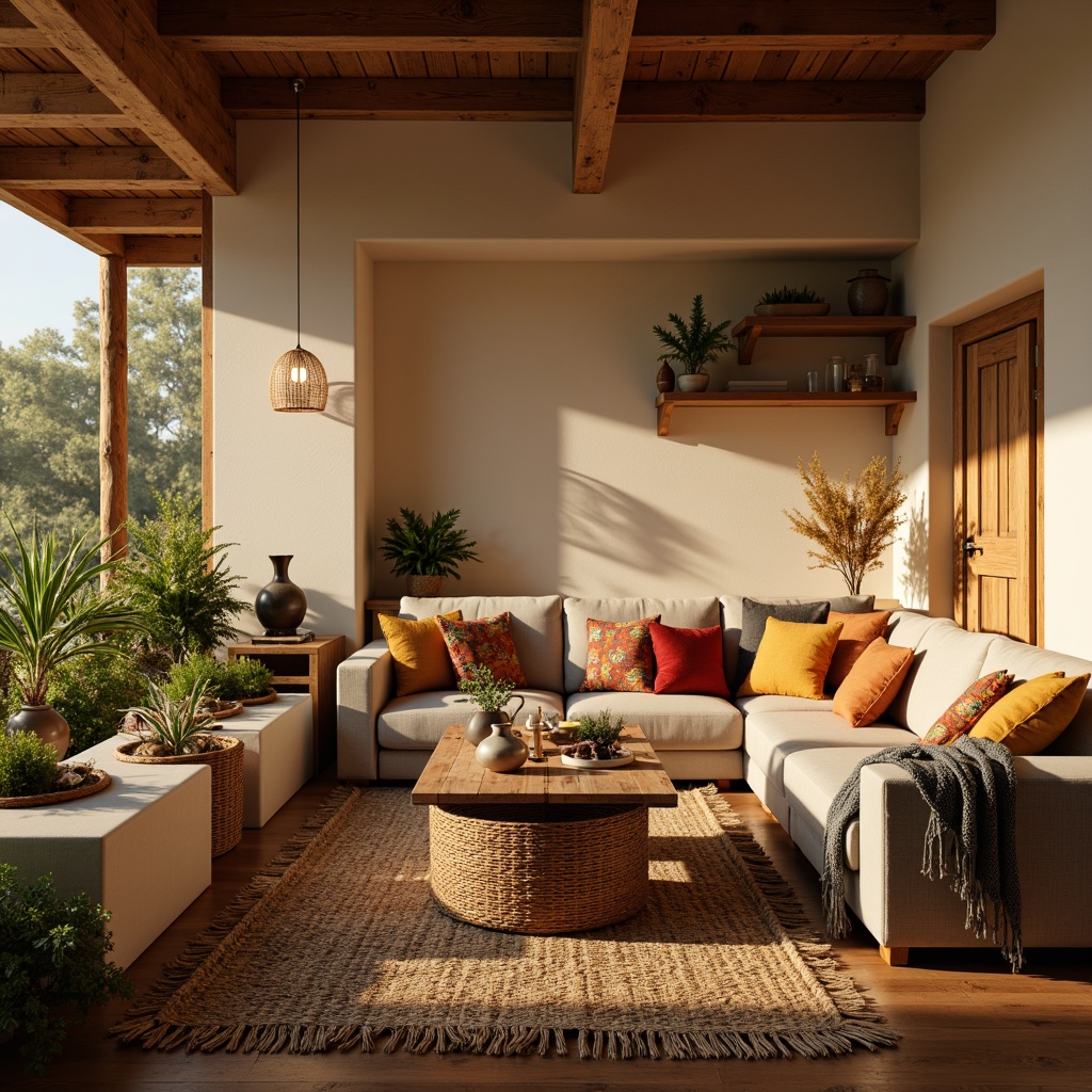 Prompt: Cozy living room, plush sofas, velvet cushions, woven baskets, natural fiber rugs, warm beige walls, soft golden lighting, rustic wooden accents, comfy throw blankets, vibrant colorful pillows, intricate embroidery patterns, subtle texture contrasts, shallow depth of field, 1/1 composition, realistic fabric renderings, ambient occlusion.