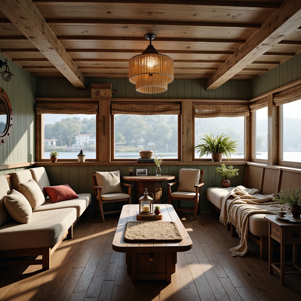 Prompt: Vintage boathouse, distressed wood accents, soft pastel colors, floral patterns, rustic nautical decor, woven wicker furniture, plush velvet upholstery, antique wooden benches, ornate metal lanterns, porthole windows, natural linen fabrics, cozy throw blankets, warm candlelight, shallow depth of field, 1/1 composition, intimate atmosphere, realistic wood textures, ambient occlusion.