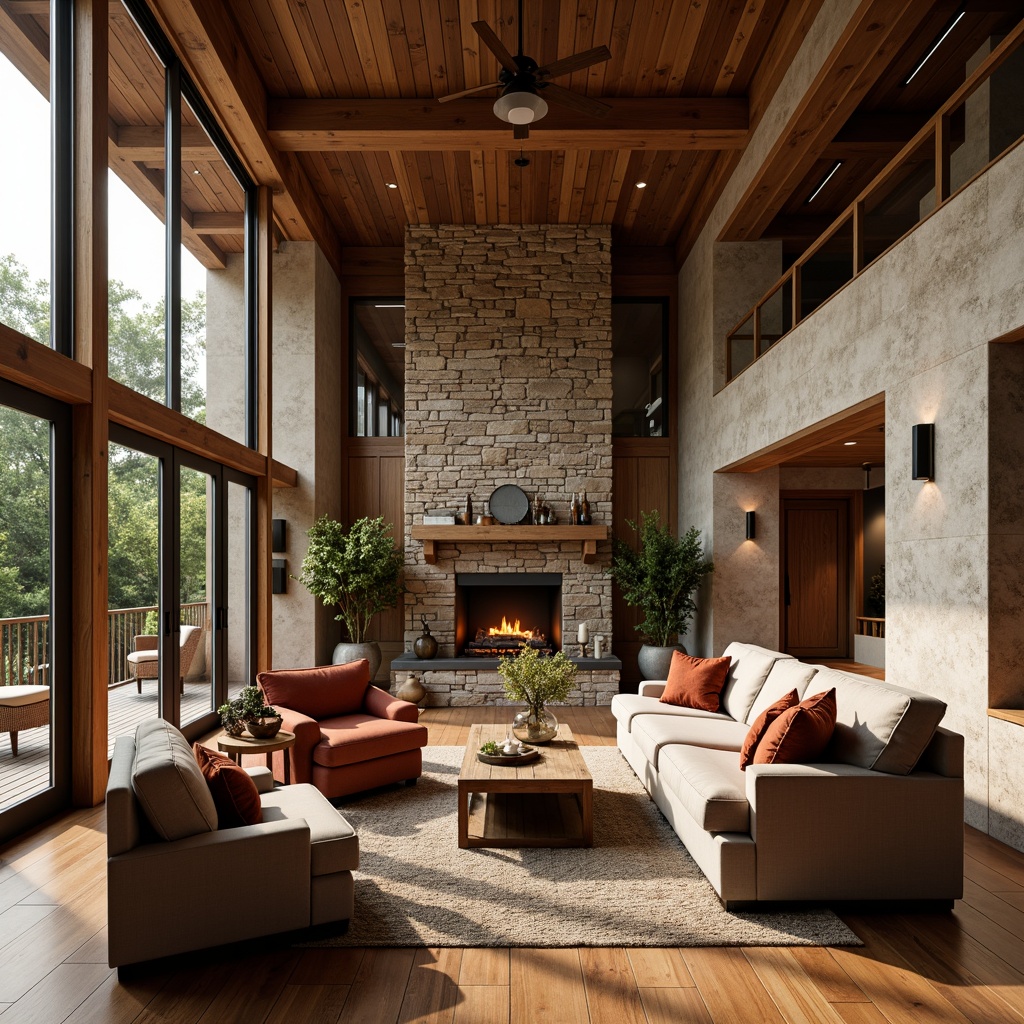 Prompt: Luxurious great room interior, warm wooden floors, richly textured stone walls, comfortable plush sofas, velvet throw pillows, rustic wooden beams, high ceilings, large windows, soft warm lighting, cozy fireplace, natural material accents, earthy color palette, organic shapes, 3/4 composition, realistic textures, ambient occlusion.