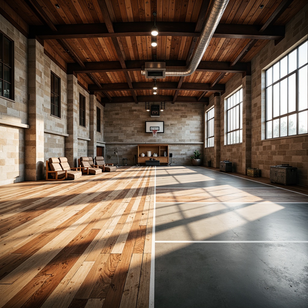 Prompt: Rustic gymnasium interior, reclaimed wood flooring, distressed wooden planks, athletic track lines, sports equipment, metal beams, exposed ductwork, industrial lighting, minimalist decor, natural stone walls, polished concrete floors, matte finishes, warm color tones, high ceilings, large windows, abundant natural light, shallow depth of field, 1/2 composition, realistic textures, ambient occlusion.