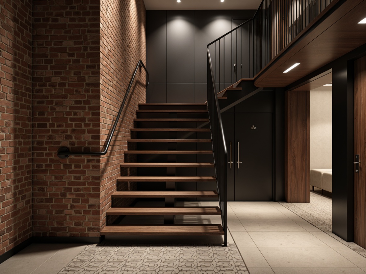 Prompt: Modern staircase, sleek metal railings, minimalist design, low-profile tread, LED strip lighting, subtle wood accents, polished chrome fixtures, industrial chic atmosphere, urban loft setting, exposed brick walls, matte black finishes, rich walnut paneling, textured concrete surfaces, geometric patterned tiles, ambient warm lighting, shallow depth of field, 1/1 composition, realistic textures.