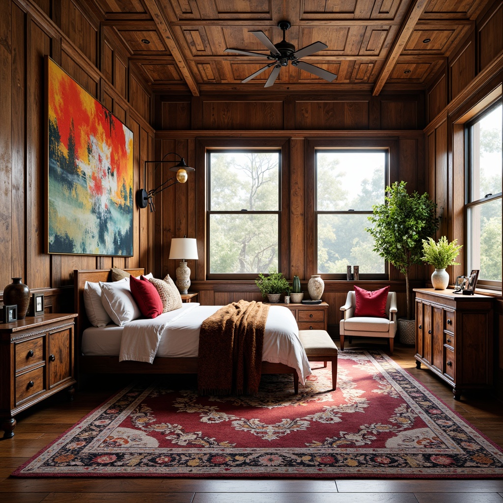 Prompt: Vibrant eclectic bedroom, rich wood tones, distressed finishes, plush velvet fabrics, bold patterned rugs, statement lighting fixtures, ornate metal frames, antique wooden dressers, vintage decorative accents, colorful abstract artwork, mix-and-match furniture pieces, oversized windows, natural light pouring in, soft warm glow, shallow depth of field, 1/1 composition, realistic textures, ambient occlusion.