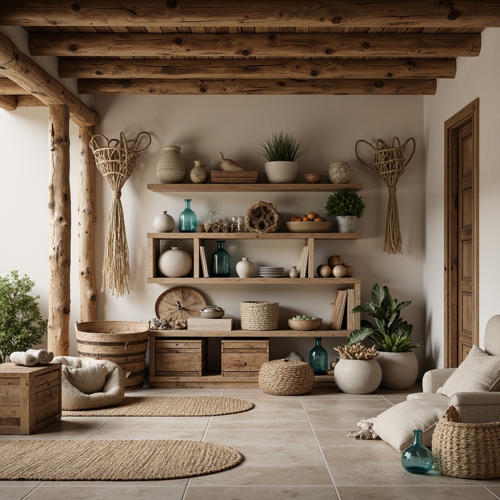 Prompt: Rustic coastal storage room, distressed wood crates, nautical ropes, vintage fishing nets, woven sea grass baskets, driftwood shelves, coral-inspired vases, ocean-blue glass jars, sandy beige walls, natural linen fabrics, woven jute rugs, soft warm lighting, shallow depth of field, 3/4 composition, realistic textures, ambient occlusion.