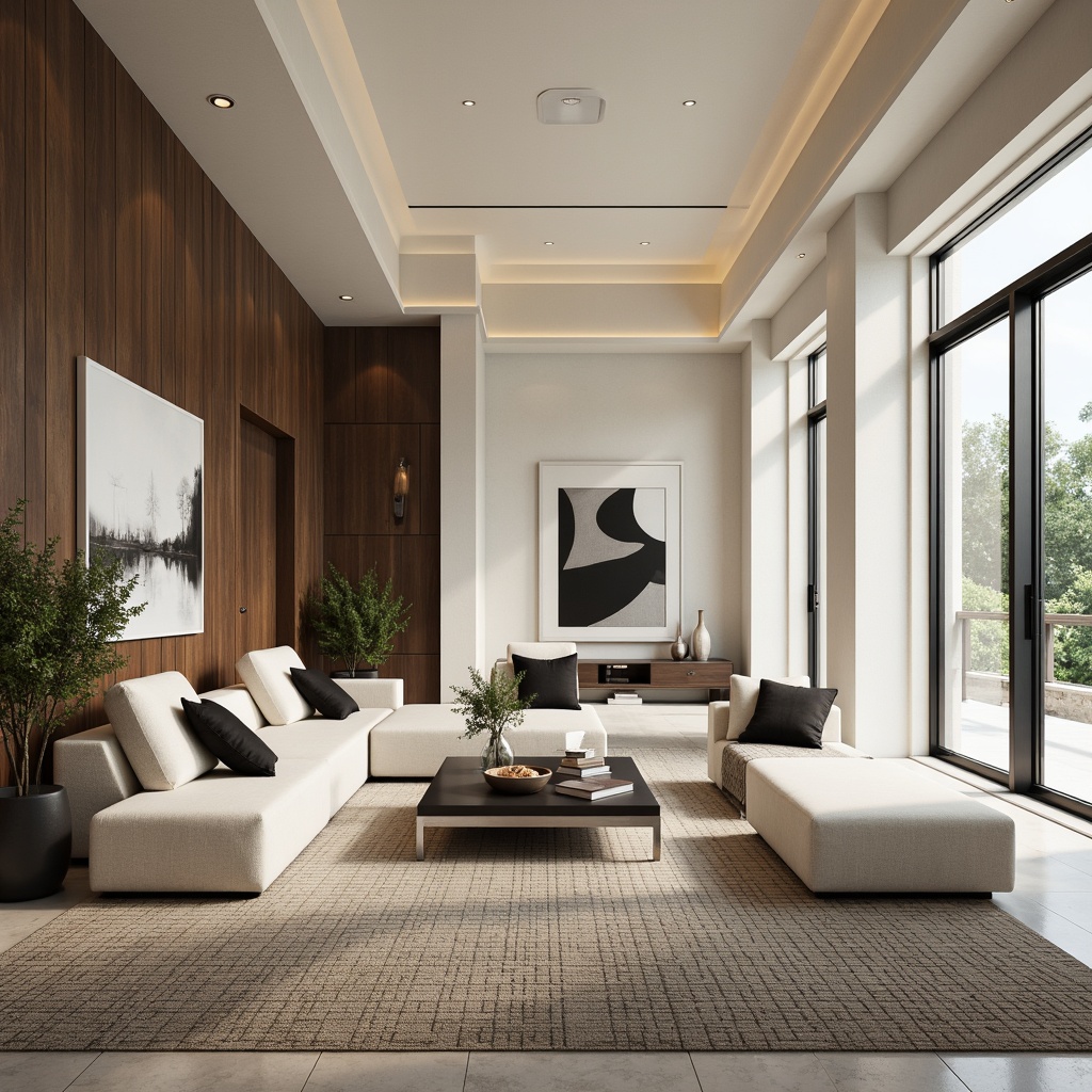 Prompt: Modern great room interior, neutral color palette, creamy whites, warm beiges, rich wood tones, dark charcoal accents, metallic silver highlights, abstract geometric patterns, textured rugs, sleek low-profile furniture, floor-to-ceiling windows, natural daylight, softbox lighting, 1/1 composition, shallow depth of field, realistic textures, ambient occlusion.Please let me know if this meets your requirements!