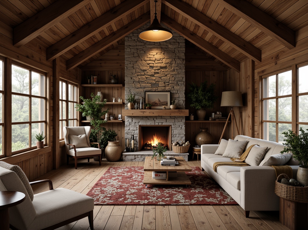 Prompt: Rustic wooden cabin, distressed textures, earthy tones, natural stone walls, reclaimed wood accents, vintage metal decorations, cozy fireplace, plush furnishings, woven baskets, nature-inspired patterns, warm ambient lighting, shallow depth of field, 1/2 composition, realistic renderings, atmospheric mist.