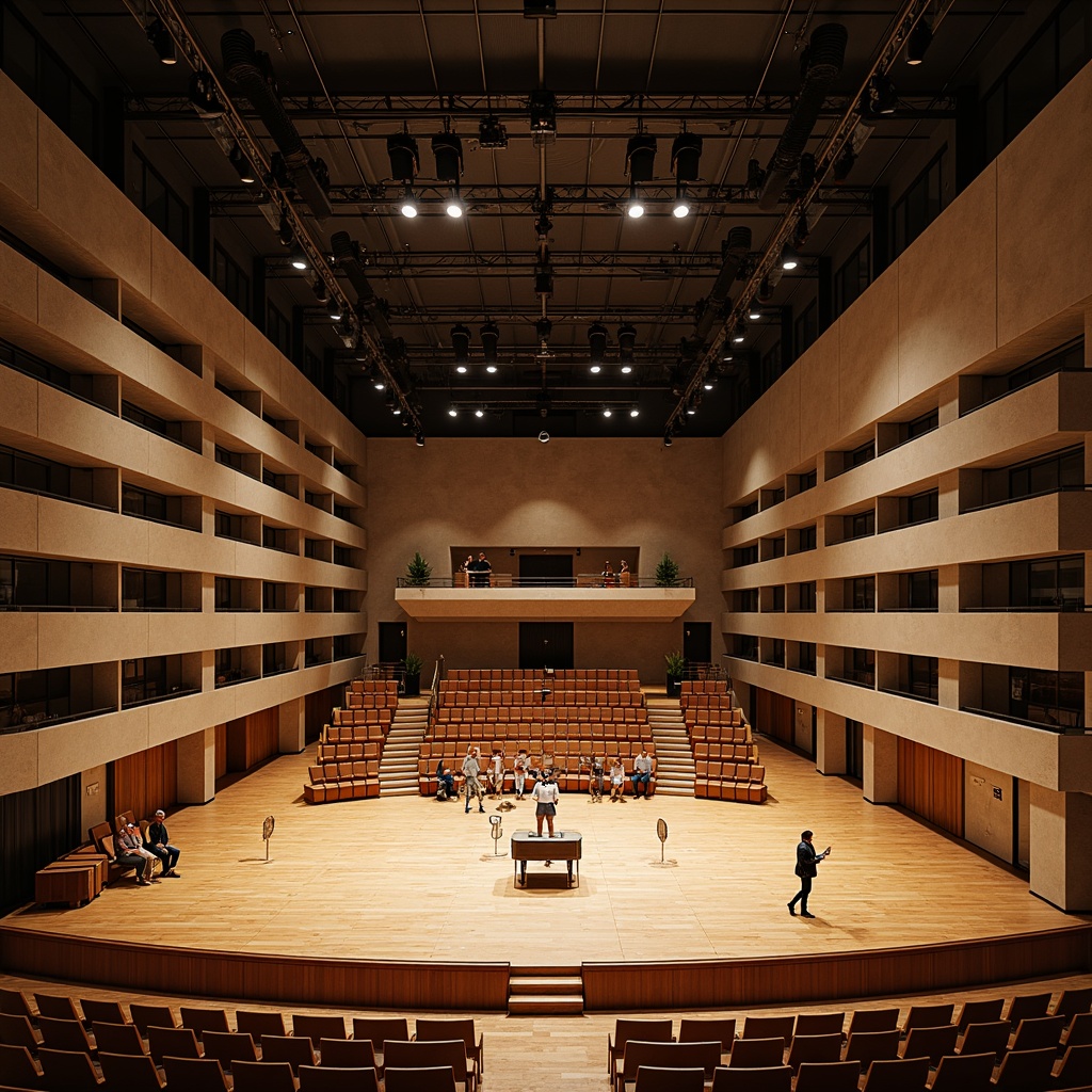 Prompt: Elegant music hall, spacious open floor plan, polished wooden flooring, flexible seating arrangements, tiered platforms, elevated stages, professional sound systems, acoustic panels, minimal ornamentation, modern industrial aesthetic, exposed ductwork, concrete walls, high ceilings, dramatic lighting design, warm color scheme, intimate atmosphere, 3/4 composition, shallow depth of field, panoramic view, realistic textures, ambient occlusion.