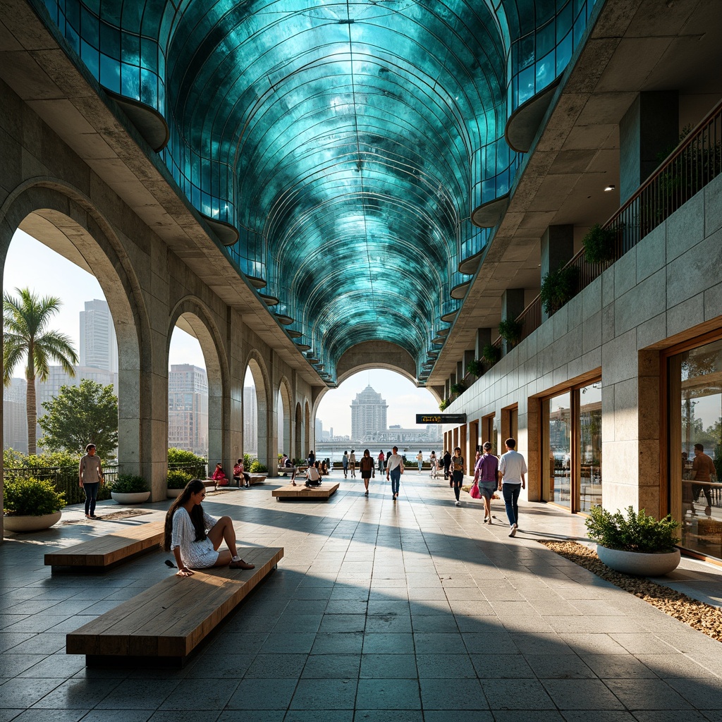 Prompt: Coastal metro station, ocean-inspired architecture, undulating wave-like ceilings, iridescent glass tiles, driftwood accents, sea-salt flooring, natural stone walls, reclaimed wood benches, nautical rope details, ocean-blue color scheme, soft warm lighting, shallow depth of field, 1/2 composition, realistic textures, ambient occlusion, urban cityscape, bustling crowd, modern transportation hub.