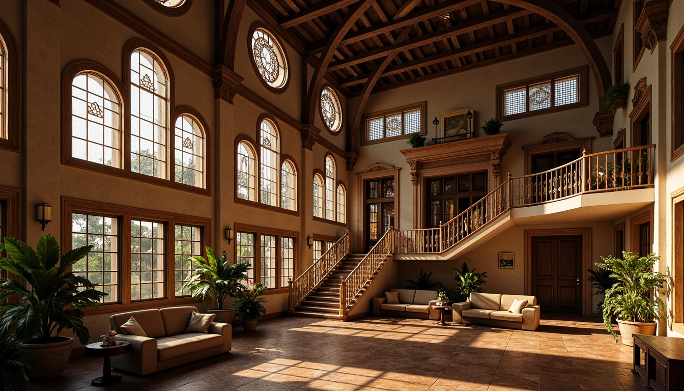 Prompt: Ornate Renaissance-style mansion, intricately carved wooden window frames, stained glass panels, arched windows, asymmetrical facades, rustic stone walls, ornamental cornices, decorative shutters, grand entranceways, sweeping staircases, lavish interior decor, warm golden lighting, soft focus blur, shallow depth of field, 1/1 composition, symmetrical view, realistic textures, ambient occlusion.