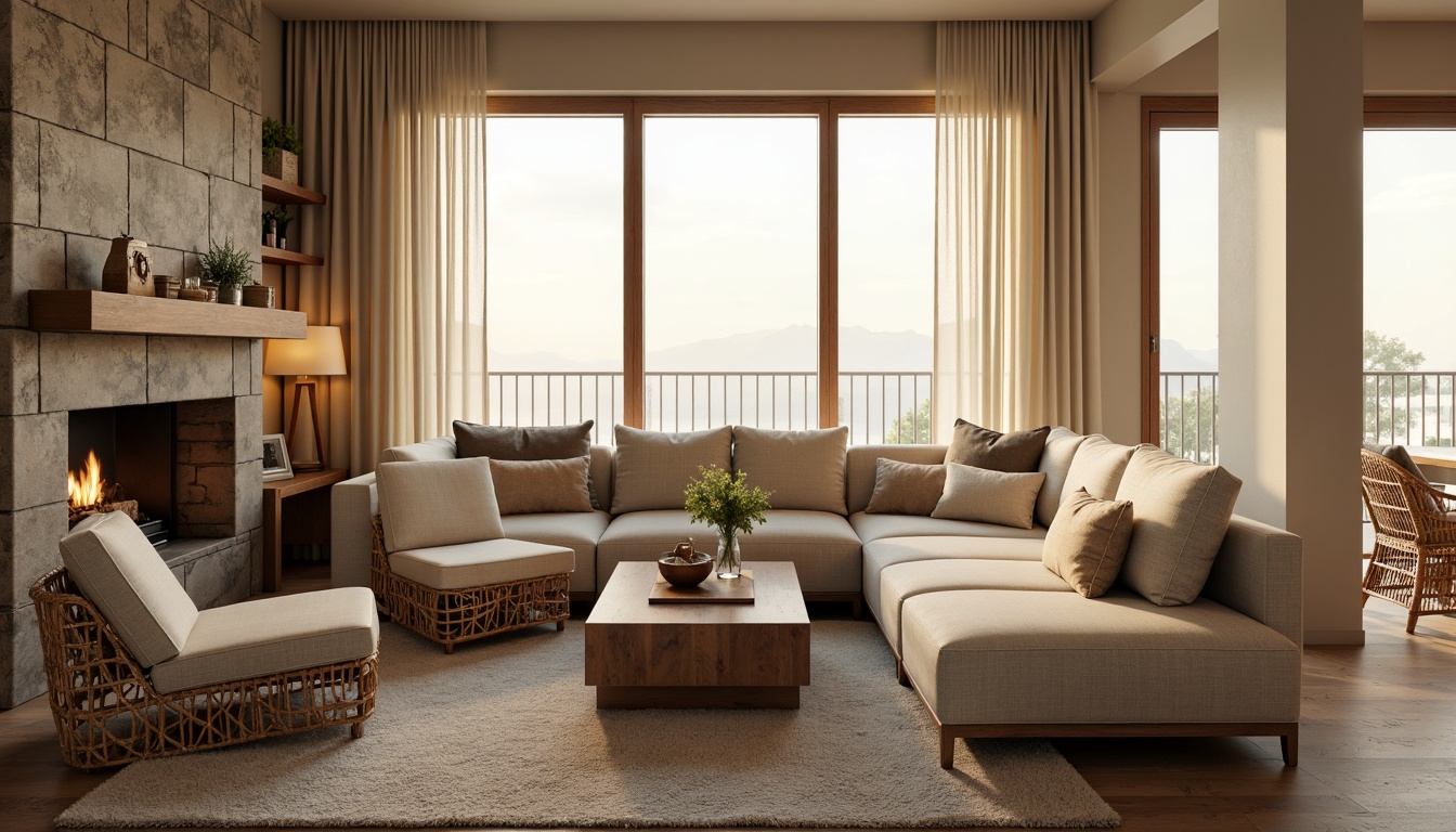 Prompt: Cozy living room, plush sectional sofa, soft cushions, wooden coffee table, woven basket chairs, warm ambient lighting, rustic stone fireplace, cream-colored walls, large windows, natural fabrics, ergonomic design, adjustable armrests, reclining mechanisms, storage compartments, minimalist decor, calm color palette, soft carpet flooring, comfortable reading nook, panoramic view, realistic textures, ambient occlusion.