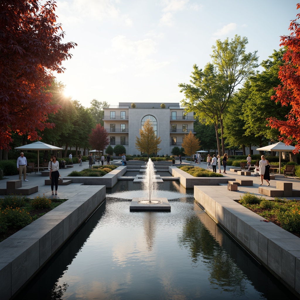 Prompt: Solemn memorial center, peaceful ambiance, serene water features, natural stone walls, elegant fountains, quiet reflection areas, contemplative seating, dignified landscaping, mature trees, subtle lighting, soft shadows, calm atmosphere, respectful architecture, historic significance, cultural heritage, harmonious proportions, symmetrical layout, axial symmetry, ceremonial spaces, memorial plaques, inspirational quotes, solemn music, gentle breeze, warm sunlight, shallow depth of field, 1/2 composition.