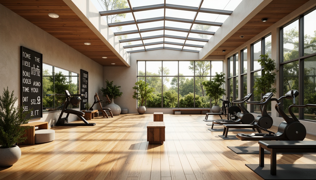 Prompt: Well-lit home gym, large windows, floor-to-ceiling glass walls, skylights, mirrored surfaces, polished wooden floors, sleek modern equipment, free weights, exercise machines, yoga mats, motivational quotes, greenery, potted plants, natural stone accents, minimalist decor, bright color scheme, soft warm lighting, shallow depth of field, 1/1 composition, realistic textures, ambient occlusion.