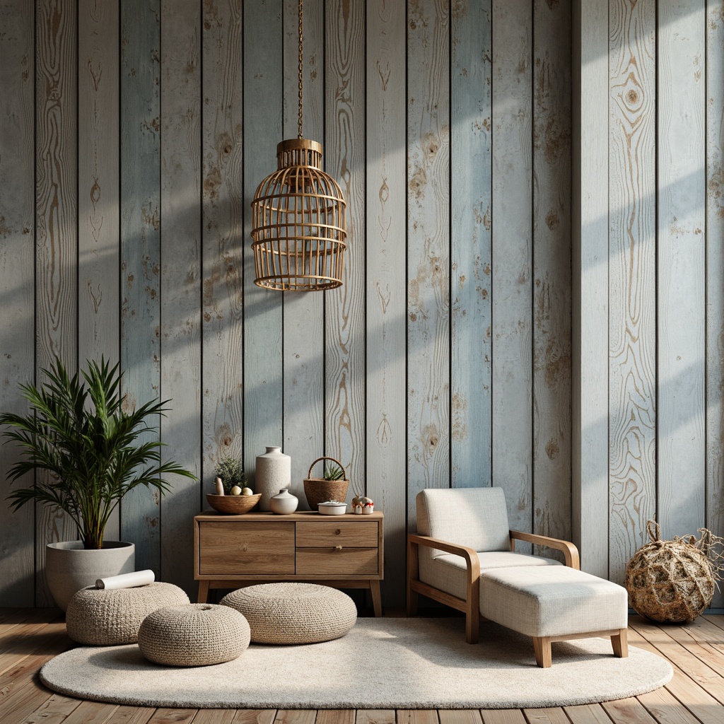 Prompt: Weathered wooden accents, driftwood grey tones, ocean-inspired blues, sandy beige hues, sea-salt infused textures, natural woven fibers, distressed wood planks, coral-patterned ceramics, shells and pebbles, soft warm lighting, shallow depth of field, 1/2 composition, subtle gradient filters, realistic normal maps, ambient occlusion.