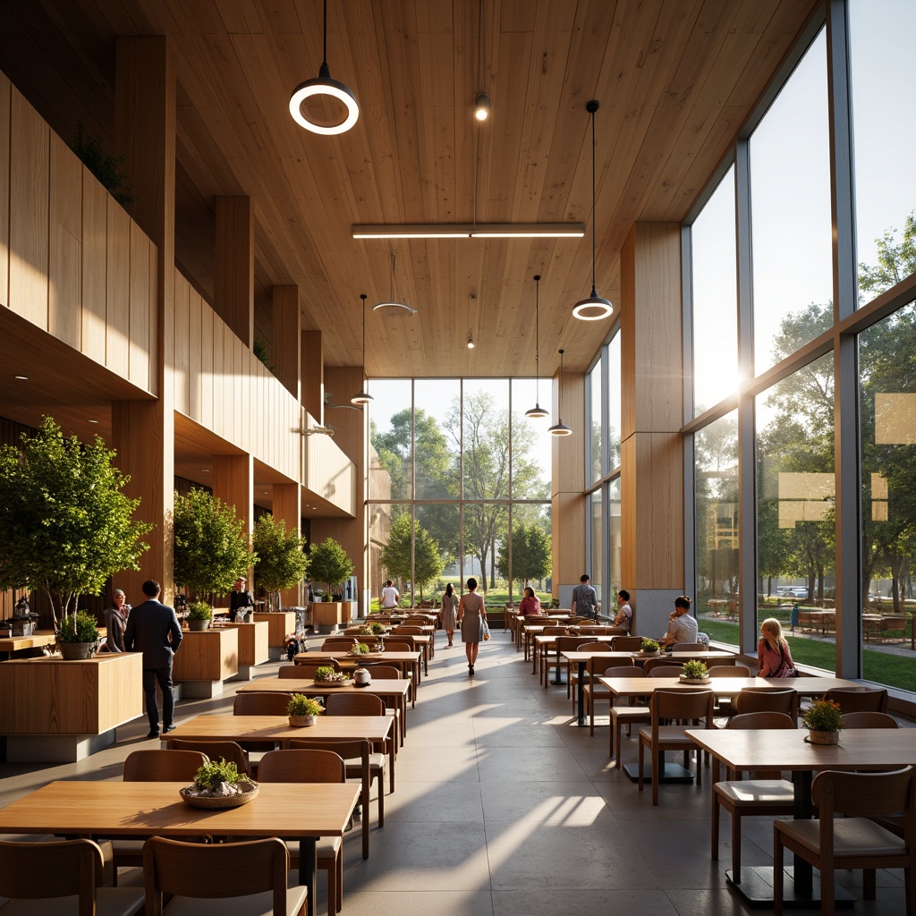 Prompt: Vibrant academic dining halls, modern chandeliers, pendant lights, warm white illumination, polished wooden tables, comfortable cushioned chairs, natural stone floors, large windows, soft diffused lighting, cozy atmosphere, morning sunlight, 1/1 composition, shallow depth of field, realistic textures, ambient occlusion.