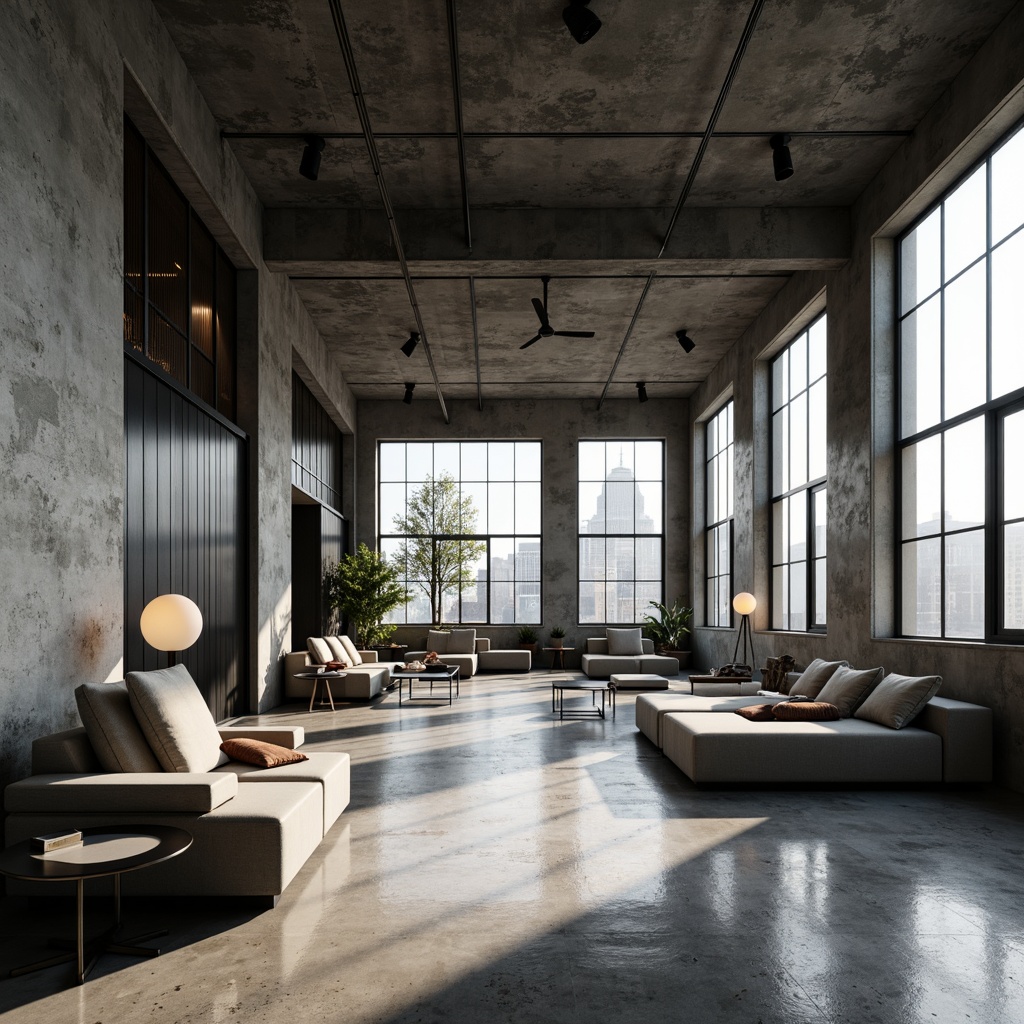 Prompt: Industrial chic interior, polished concrete floors, raw exposed ceilings, minimalist decor, sleek metal accents, modern low-profile furniture, monochromatic color scheme, urban loft atmosphere, natural light pouring in, subtle textures, 1/2 composition, dramatic shadows, cinematic lighting, realistic reflections.