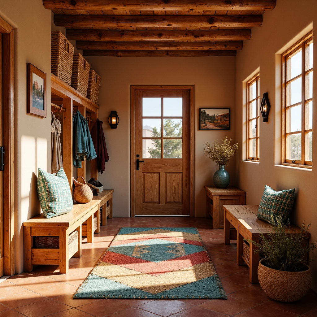 Prompt: Southwestern-style mudroom, earthy terracotta flooring, rustic wooden benches, woven wicker storage baskets, natural jute rugs, turquoise accents, vibrant Navajo-inspired patterns, distressed leather accessories, desert landscape artwork, warm golden lighting, shallow depth of field, 3/4 composition, realistic textures, ambient occlusion.