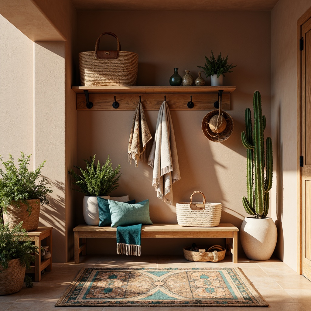 Prompt: Rustic mudroom, earthy tones, woven baskets, natural fiber rugs, southwestern-inspired patterns, vibrant turquoise accents, distressed wood furniture, industrial metal hooks, woven textiles, desert botanicals, cacti, succulents, warm sunny day, soft warm lighting, 3/4 composition, realistic textures, ambient occlusion.