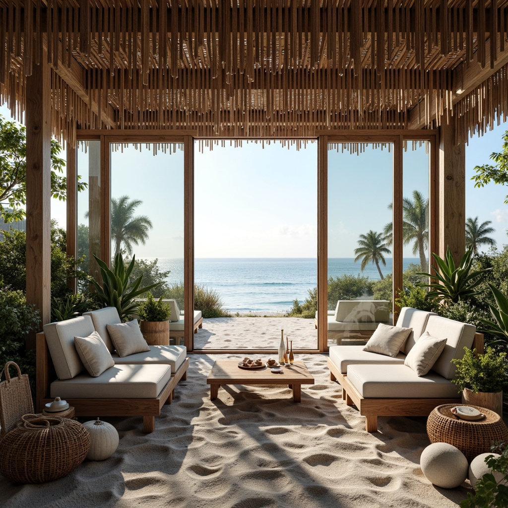 Prompt: Sandy beach, driftwood furniture, woven wicker decorations, nautical ropes, ocean-inspired color palette, calming blue hues, natural textures, weathered wood accents, sea salt air, misty morning light, soft warm glow, shallow depth of field, 1/1 composition, symmetrical layout, minimalist decor, comfortable seating areas, ocean-view windows, sliding glass doors, lush greenery, tropical plants, beachy vibe, relaxed atmosphere.