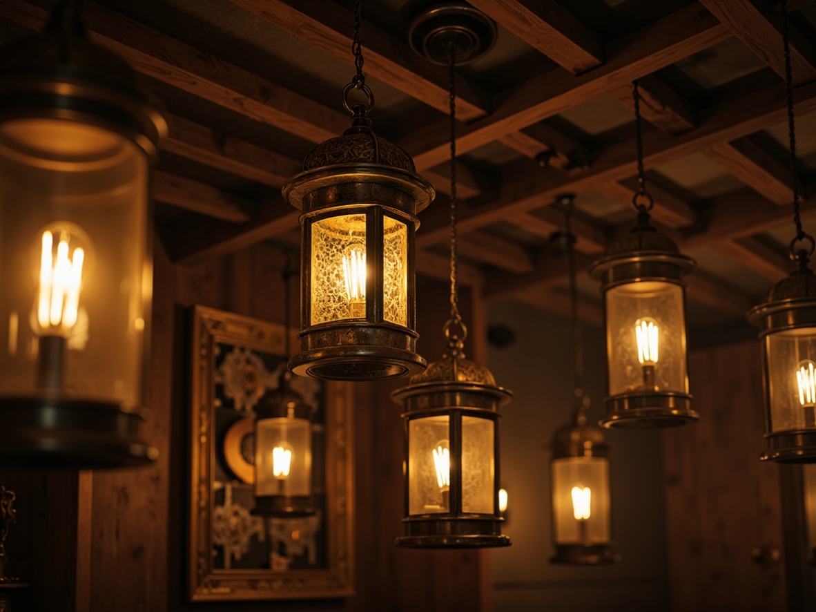 Prompt: Elegant lanterns, warm golden lighting, ornate metalwork, rustic wooden accents, vintage fixtures, distressed finishes, classic chandeliers, candlelit ambiance, soft warm glow, subtle shadows, cozy atmosphere, traditional architectural details, intricate carvings, rich textures, earthy tones, nostalgic feel, historic charm, dimmable options, layered lighting effects, 1/1 composition, realistic renderings.