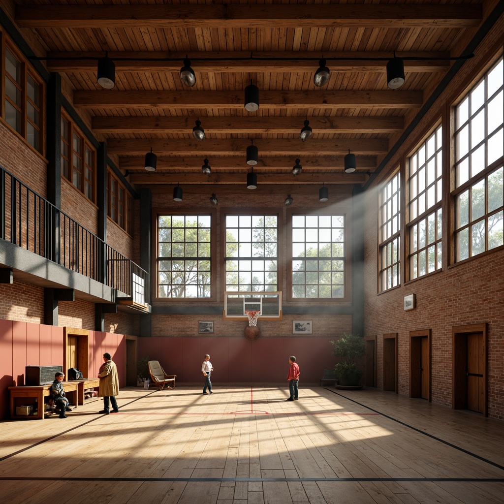 Prompt: Rustic gymnasium interior, warm wooden accents, vintage sports equipment, nostalgic athletic memorabilia, exposed brick walls, metal beams, large windows, soft natural light, warm color temperature, dramatic shadows, spotlights on basketball court, diffused ambient lighting, realistic textures, subtle camera motion, cinematic composition, 2.35